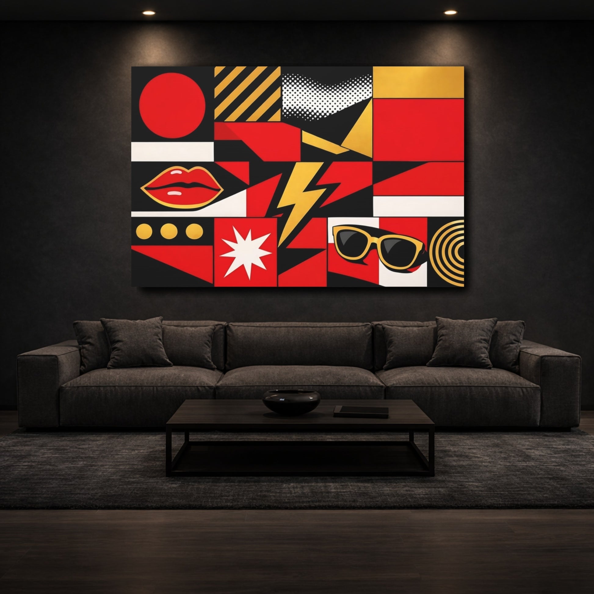 Mockup 2. Abstract Pop Art Icons Red Black Gold shown as stretched canvas wall art
