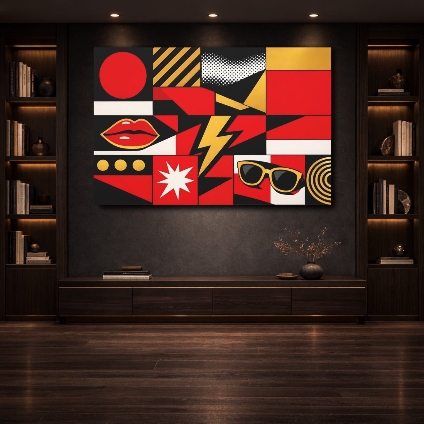 Mockup 3. Abstract Pop Art Icons Red Black Gold shown as stretched canvas wall art