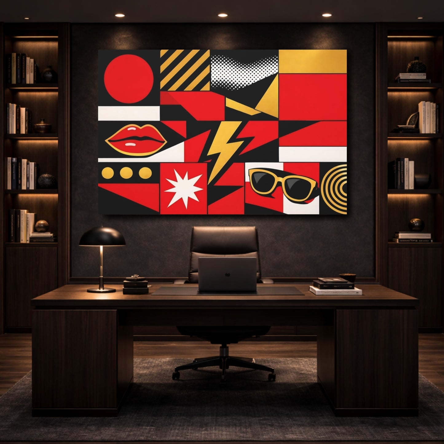 Mockup 4. Abstract Pop Art Icons Red Black Gold shown as stretched canvas wall art