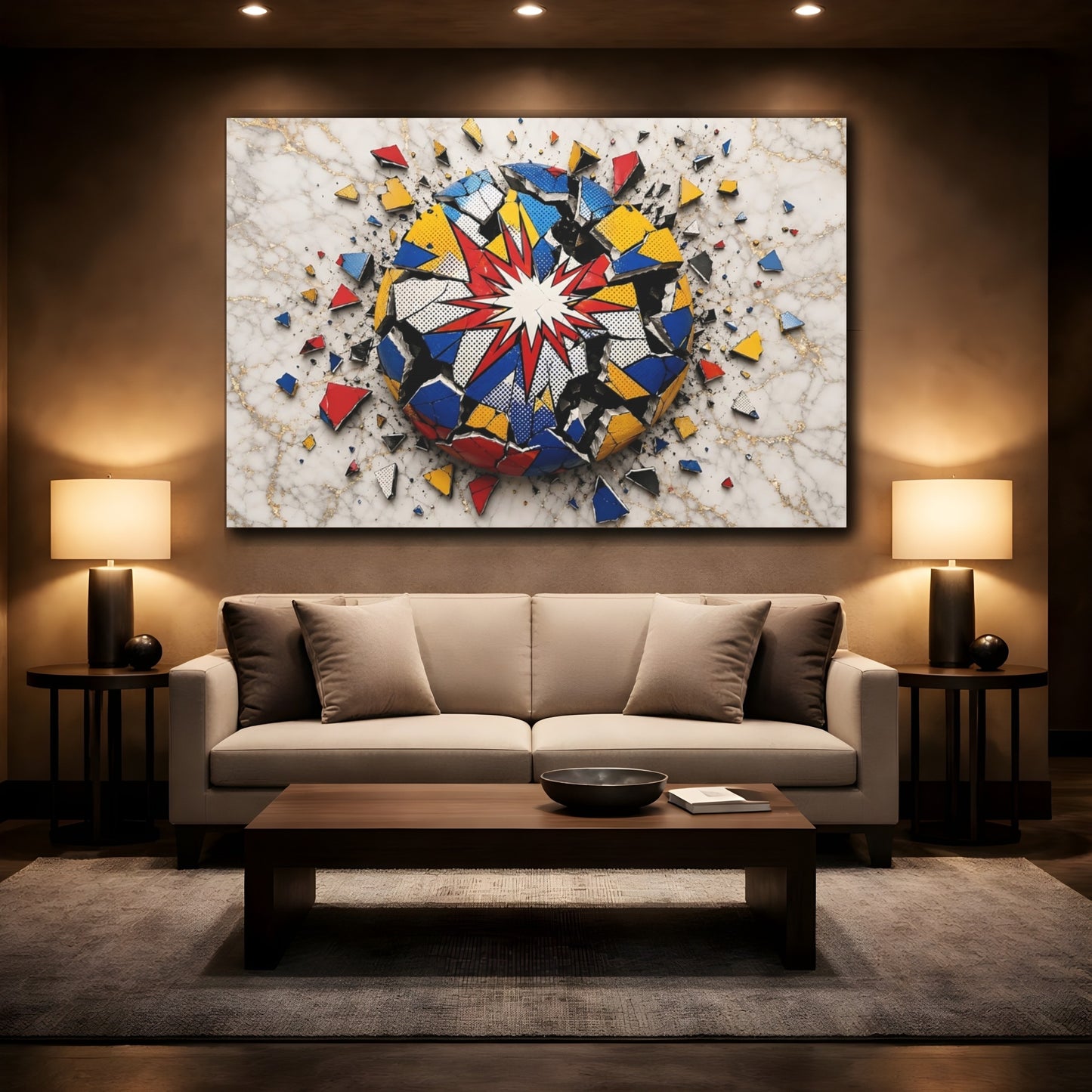 Mockup 2. Abstract Pop Art Sphere Colorful Pop Art shown as stretched canvas wall art
