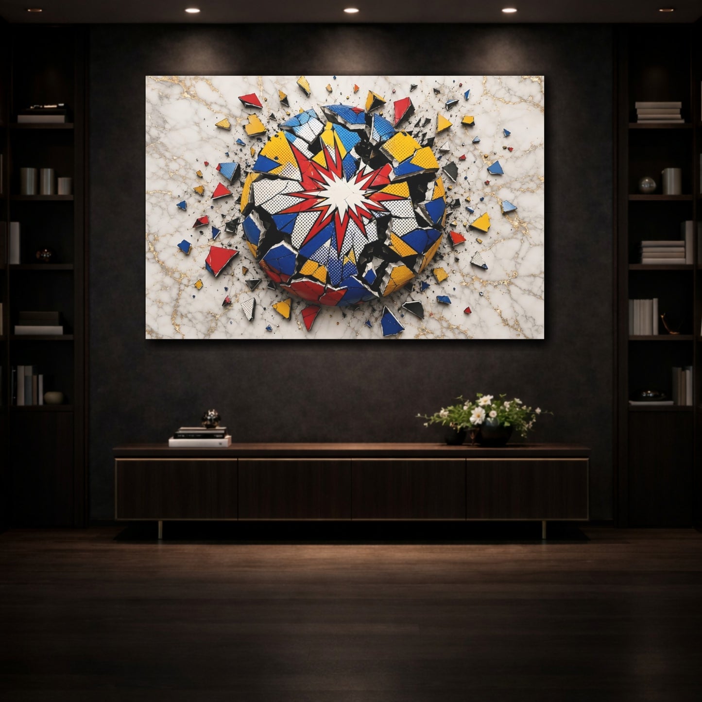 Mockup 3. Abstract Pop Art Sphere Colorful Pop Art shown as stretched canvas wall art