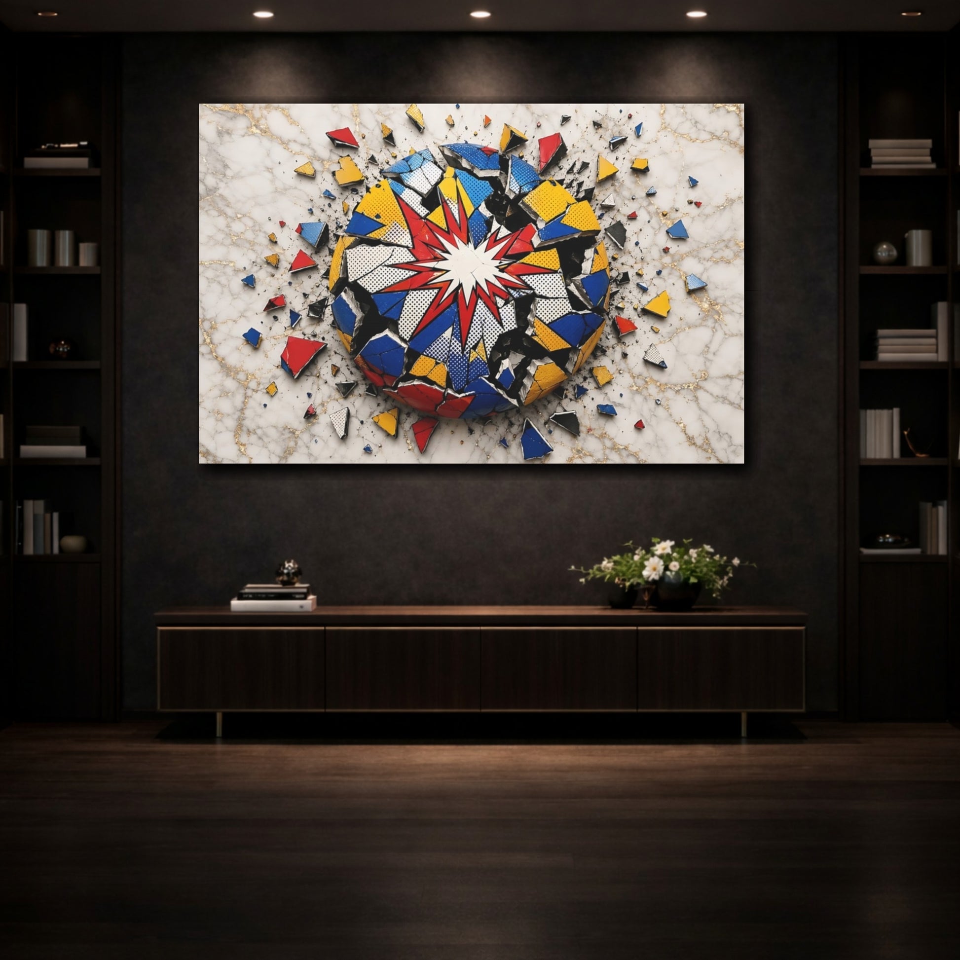 Mockup 3. Abstract Pop Art Sphere Colorful Pop Art shown as stretched canvas wall art
