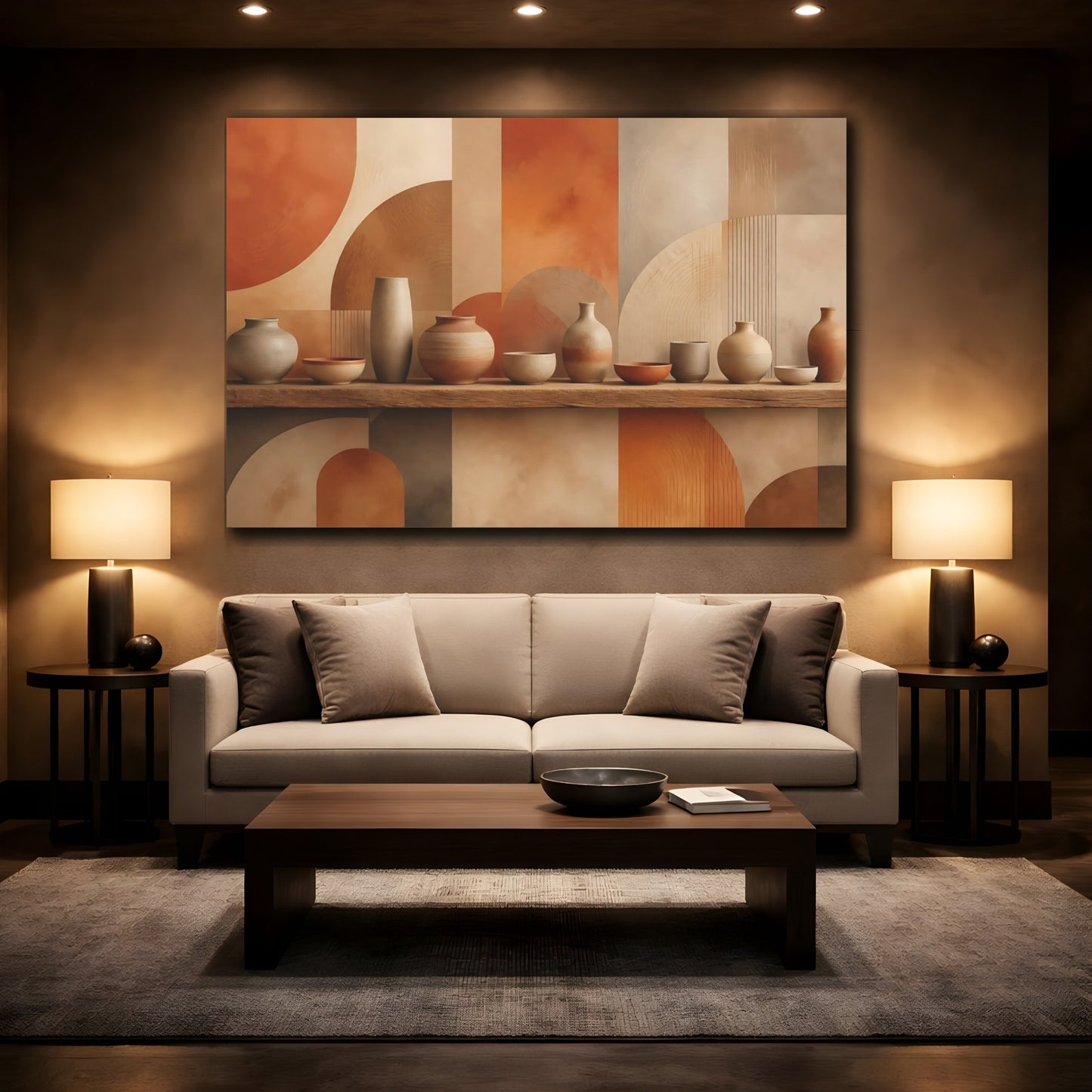 Mockup 2. Abstract Pottery Terracotta Neutrals shown as stretched canvas wall art