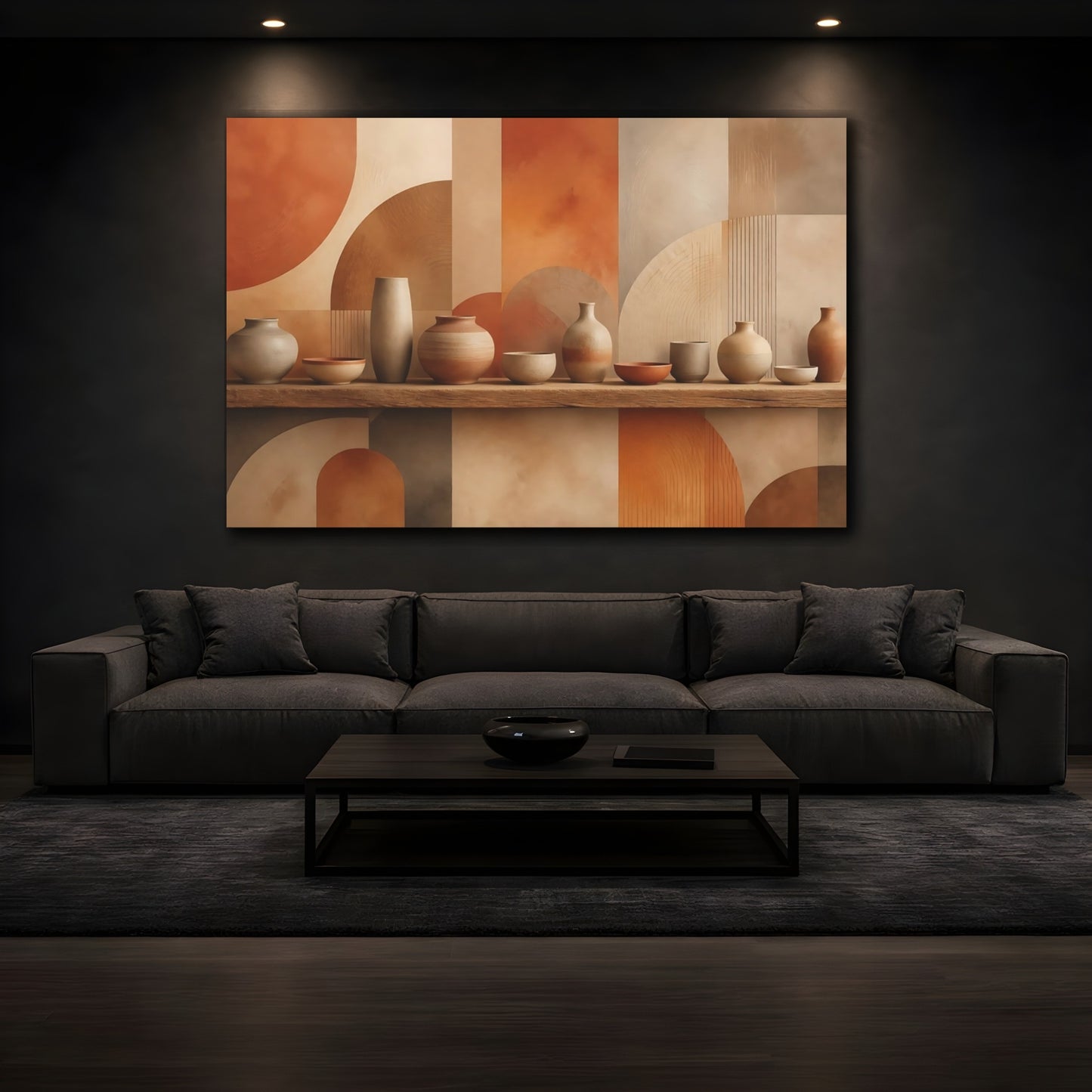 Mockup 3. Abstract Pottery Terracotta Neutrals shown as stretched canvas wall art