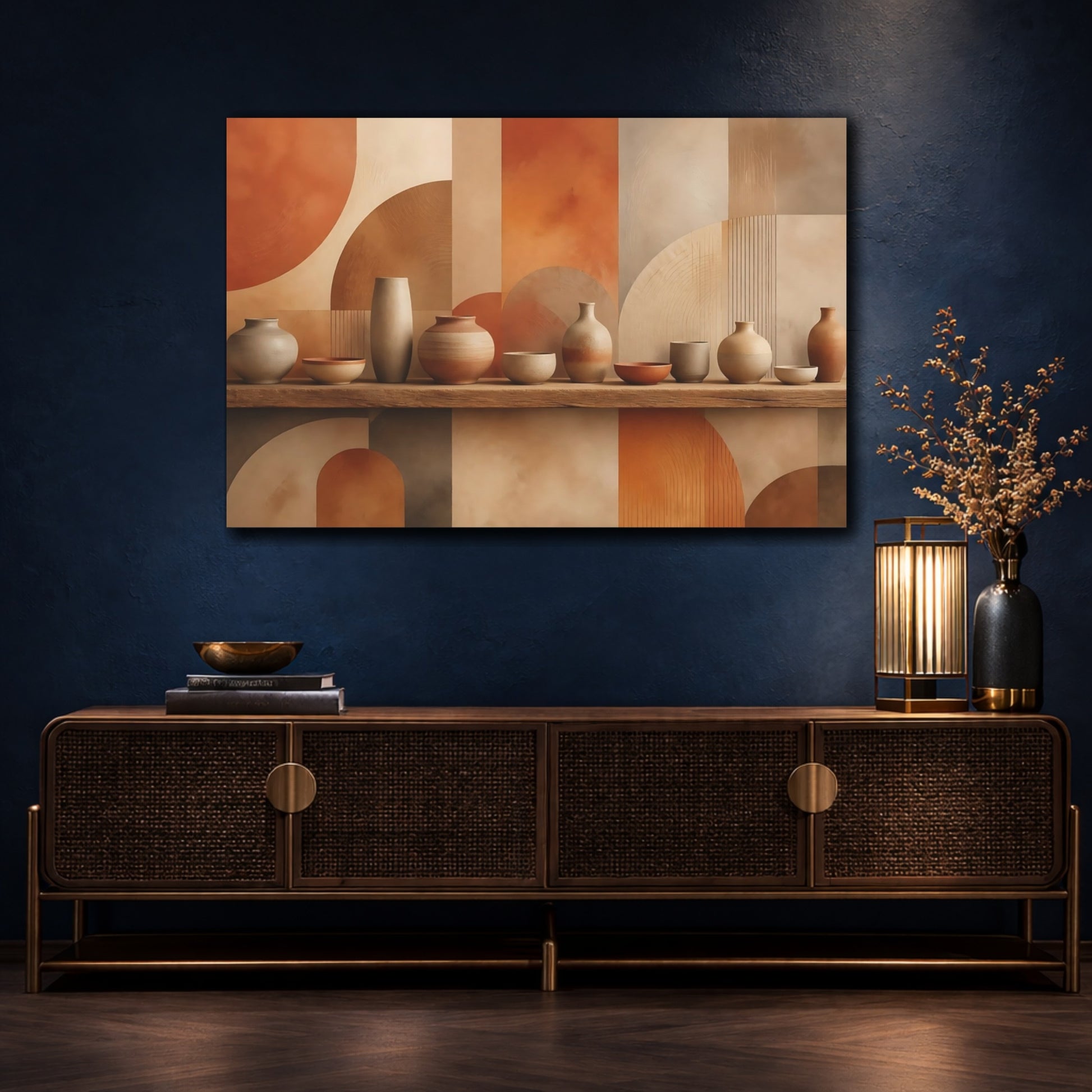Mockup 4. Abstract Pottery Terracotta Neutrals shown as stretched canvas wall art