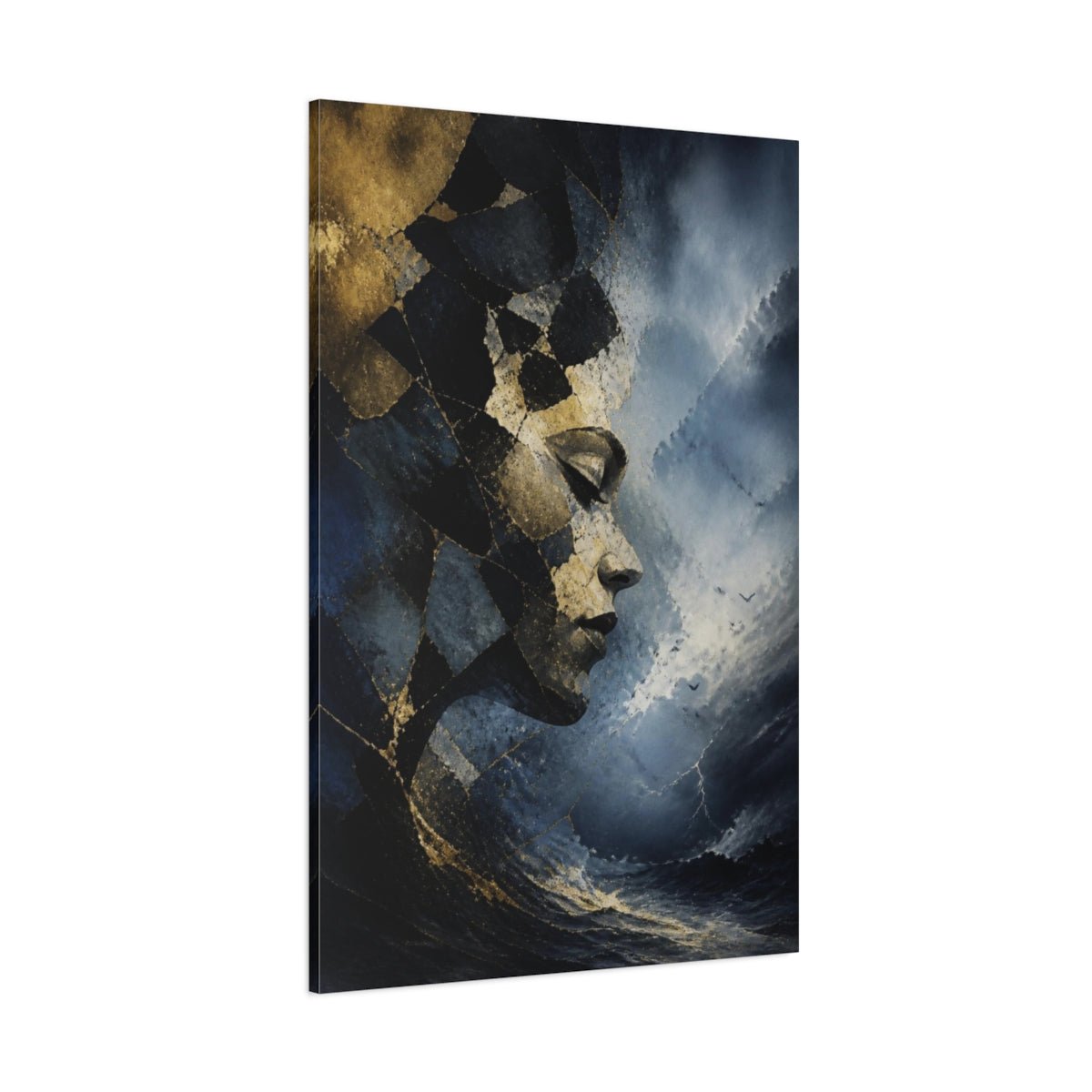 Abstract Profile In Storm Canvas Print – Living Room, Above Couch, Navy Blue & Gold - YesArtYes
