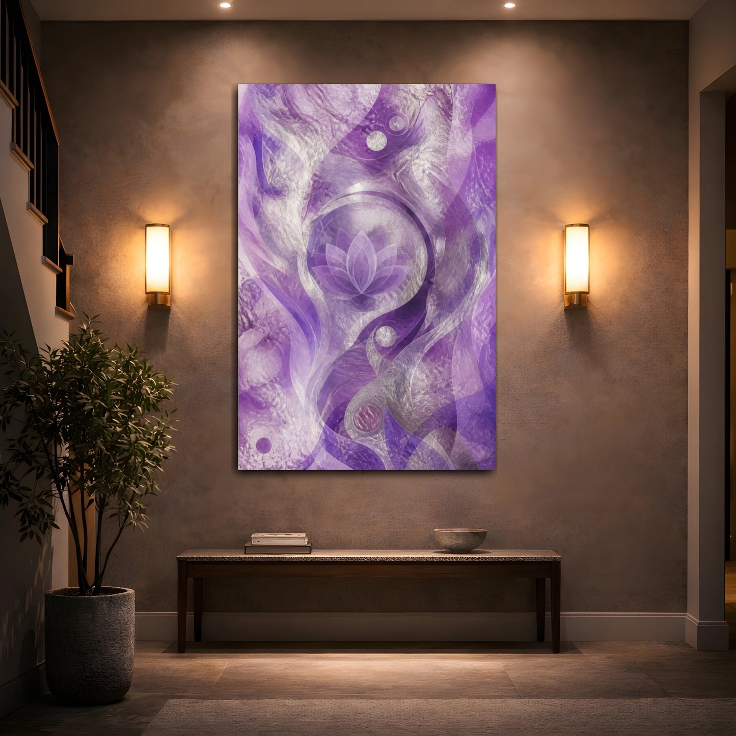 Mockup 2. Abstract Purple Lotus shown as canvas print