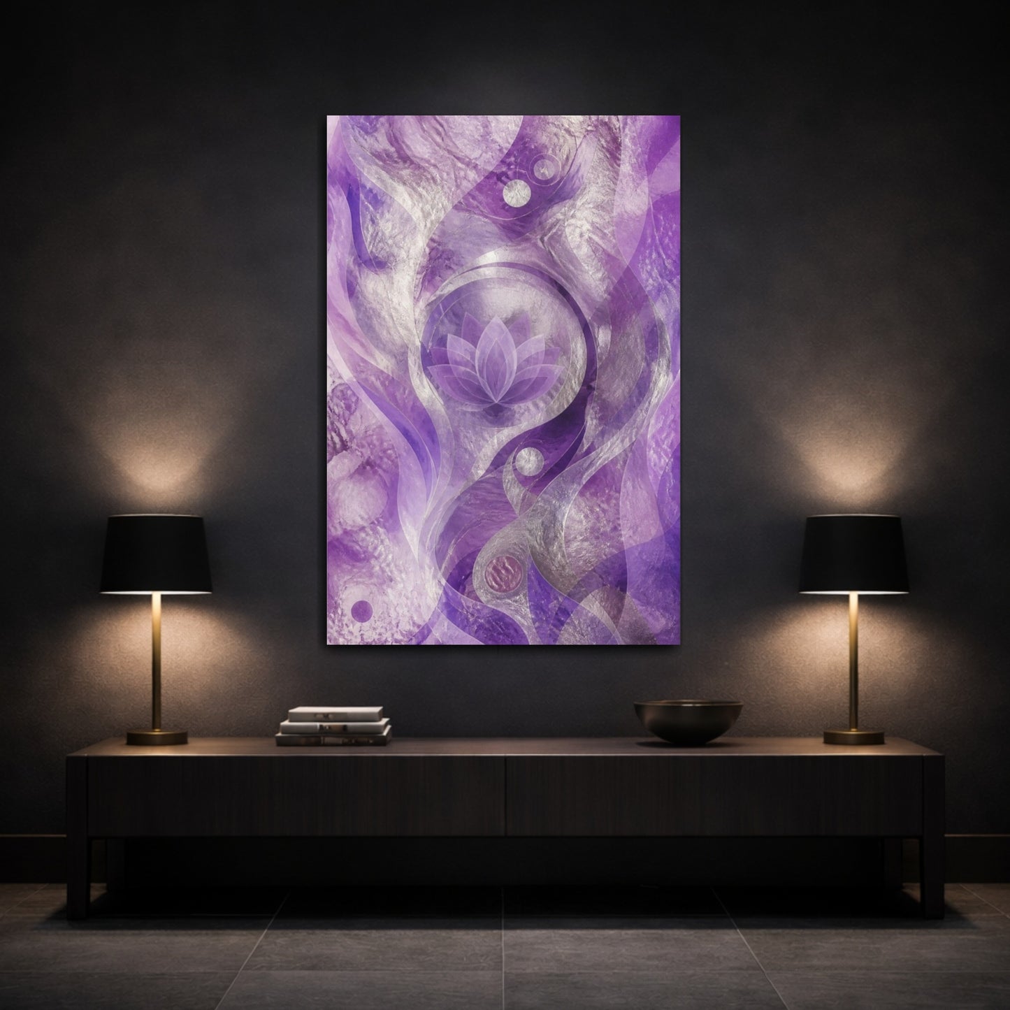 Mockup 3. Abstract Purple Lotus shown as canvas print