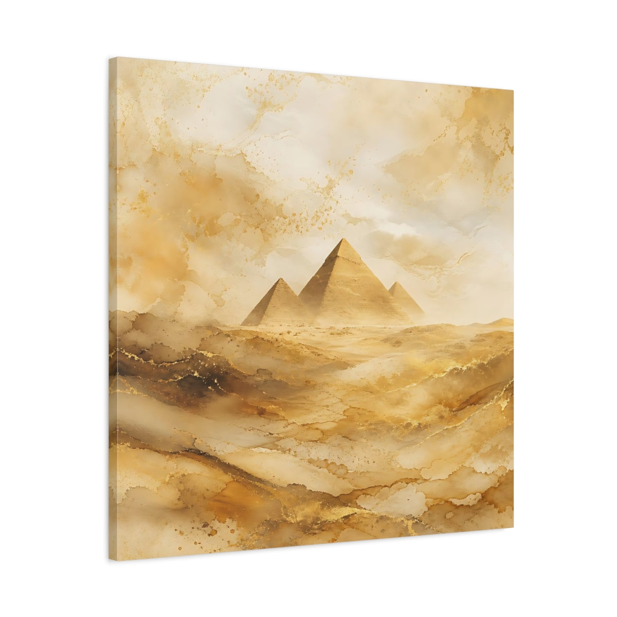 Side Mockup 3. Abstract Pyramids Gold Pyramids shown as stretched canvas wall art