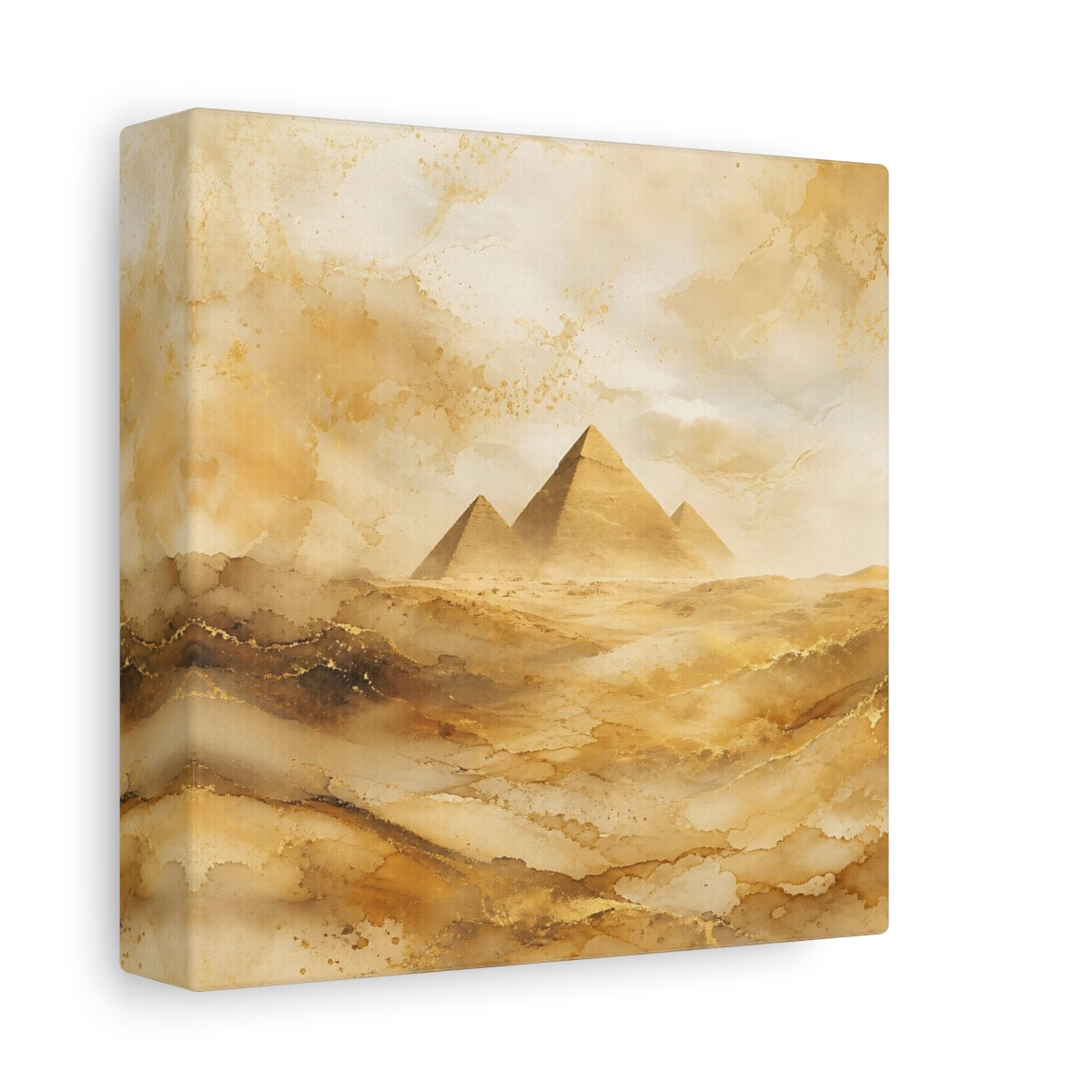 Side Mockup 2. Abstract Pyramids Gold Pyramids shown as stretched canvas wall art
