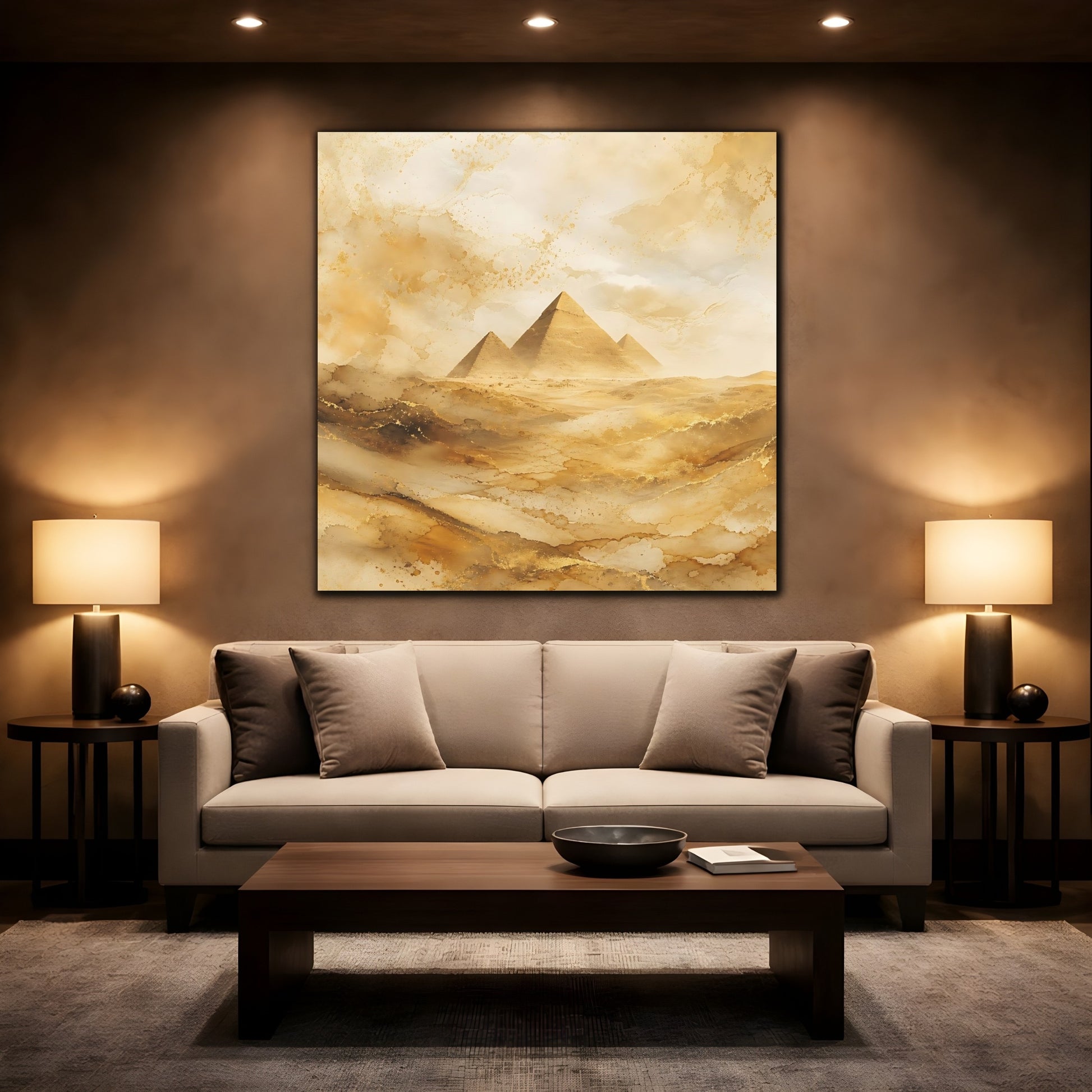 Mockup 2. Abstract Pyramids Gold Pyramids shown as stretched canvas wall art