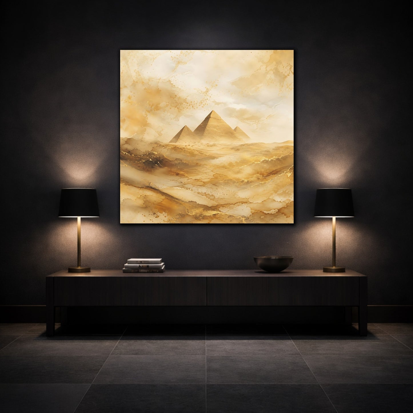 Mockup 3. Abstract Pyramids Gold Pyramids shown as stretched canvas wall art