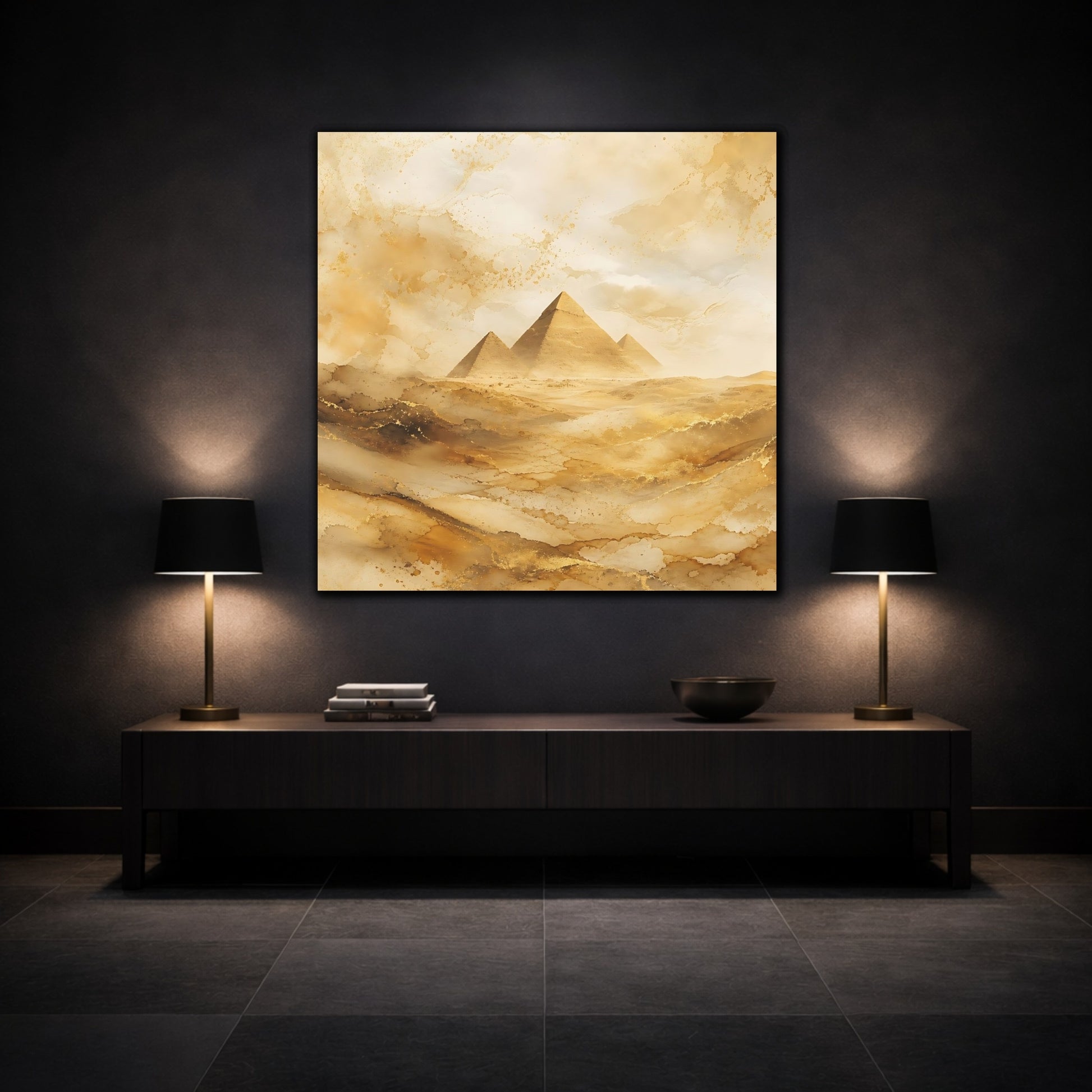 Mockup 3. Abstract Pyramids Gold Pyramids shown as stretched canvas wall art