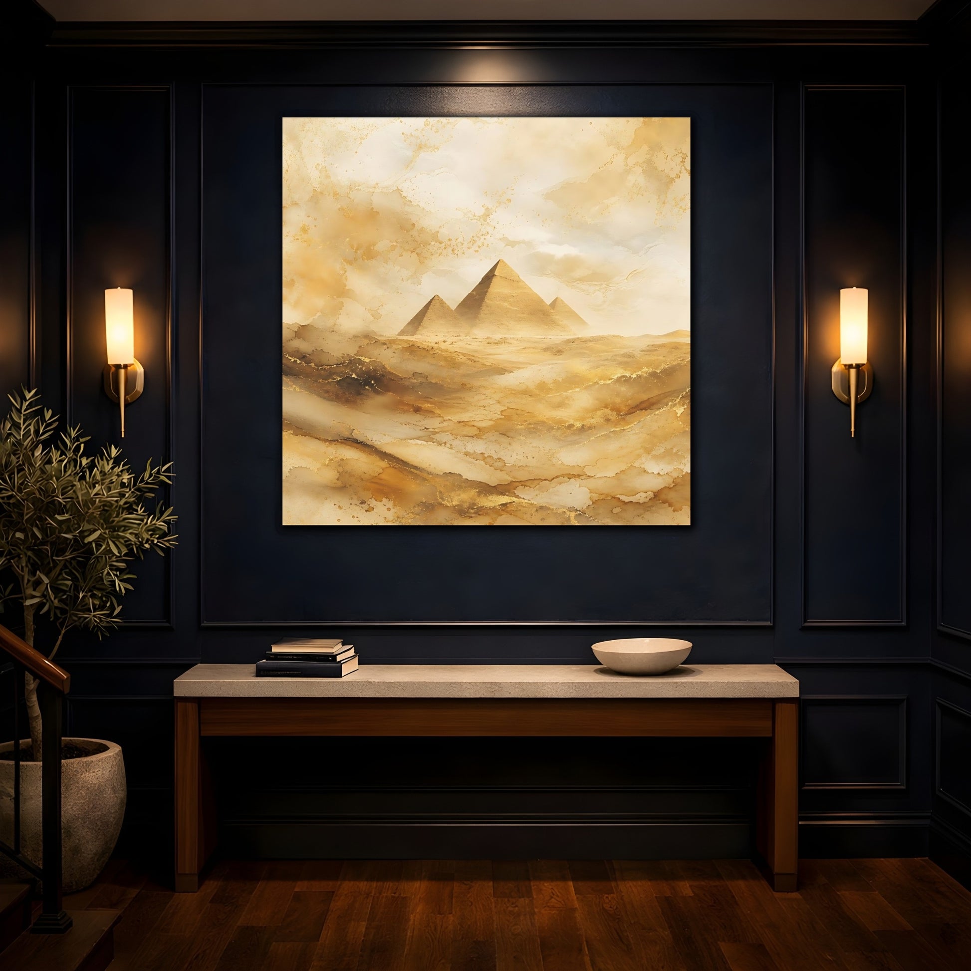 Mockup 4. Abstract Pyramids Gold Pyramids shown as stretched canvas wall art