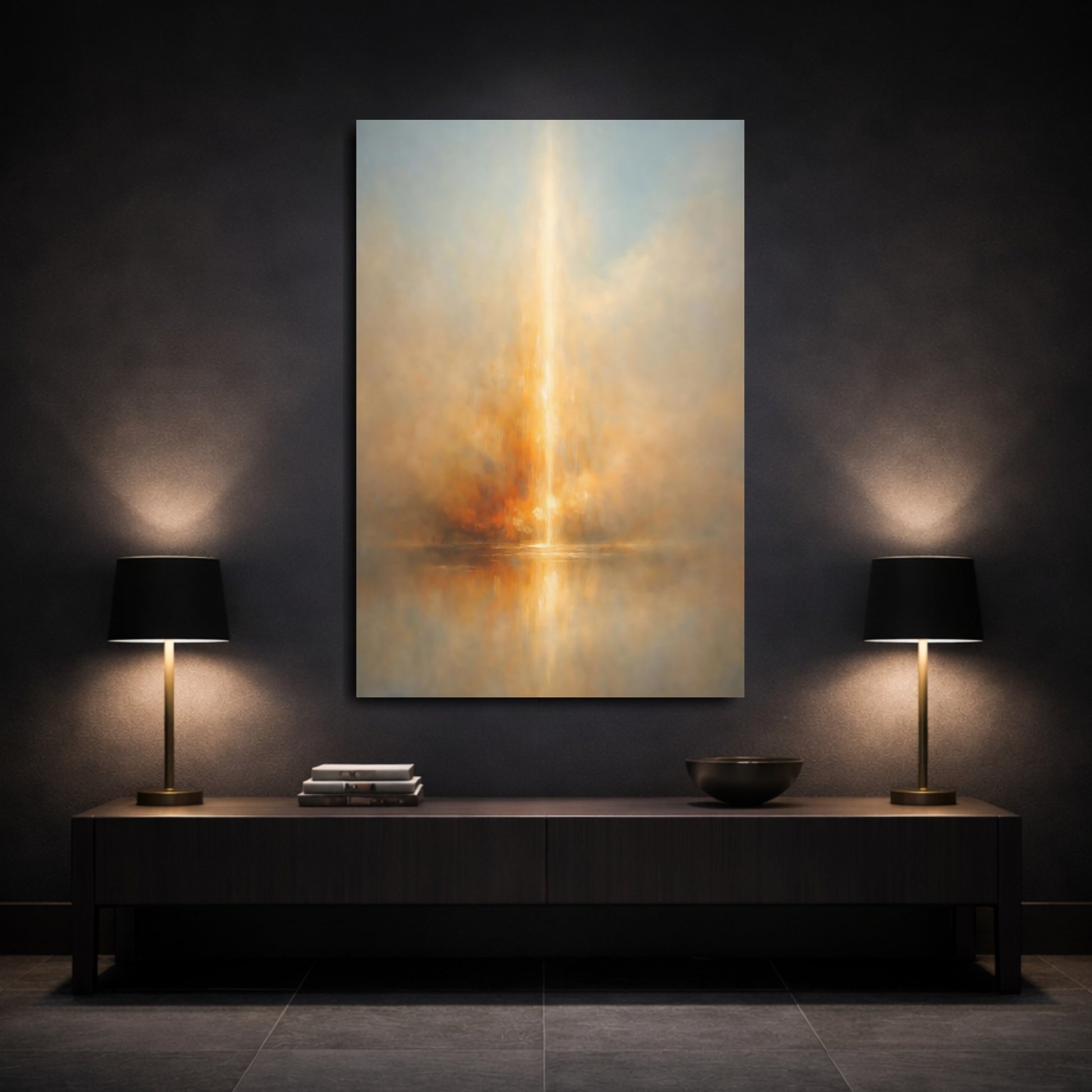 Mockup 2. Abstract Radiant Light Golden Glow shown as stretched canvas wall art