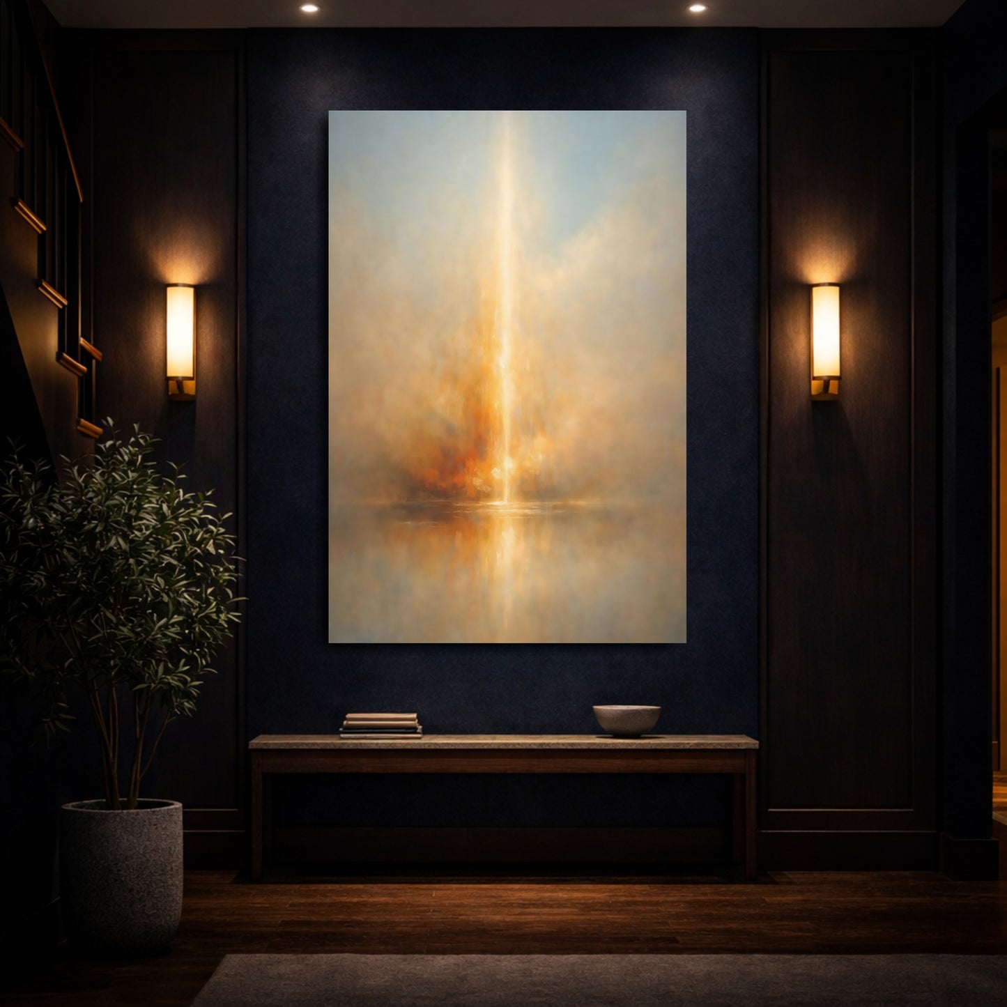 Mockup 3. Abstract Radiant Light Golden Glow shown as stretched canvas wall art