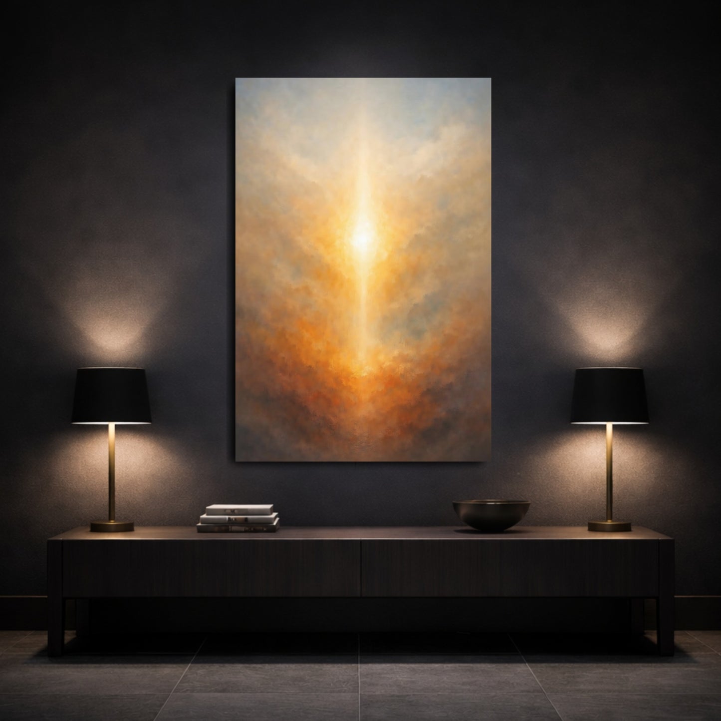 Abstract Radiant Light Golden Light Abstract shown as front canvas room wall art