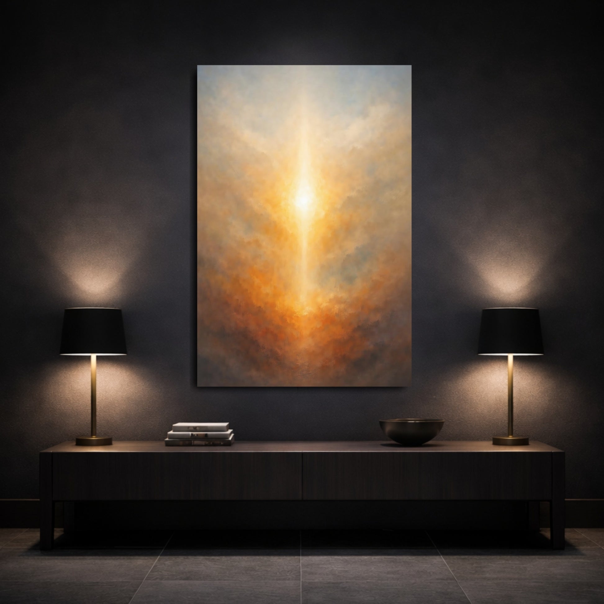 Abstract Radiant Light Golden Light Abstract shown as front canvas room wall art