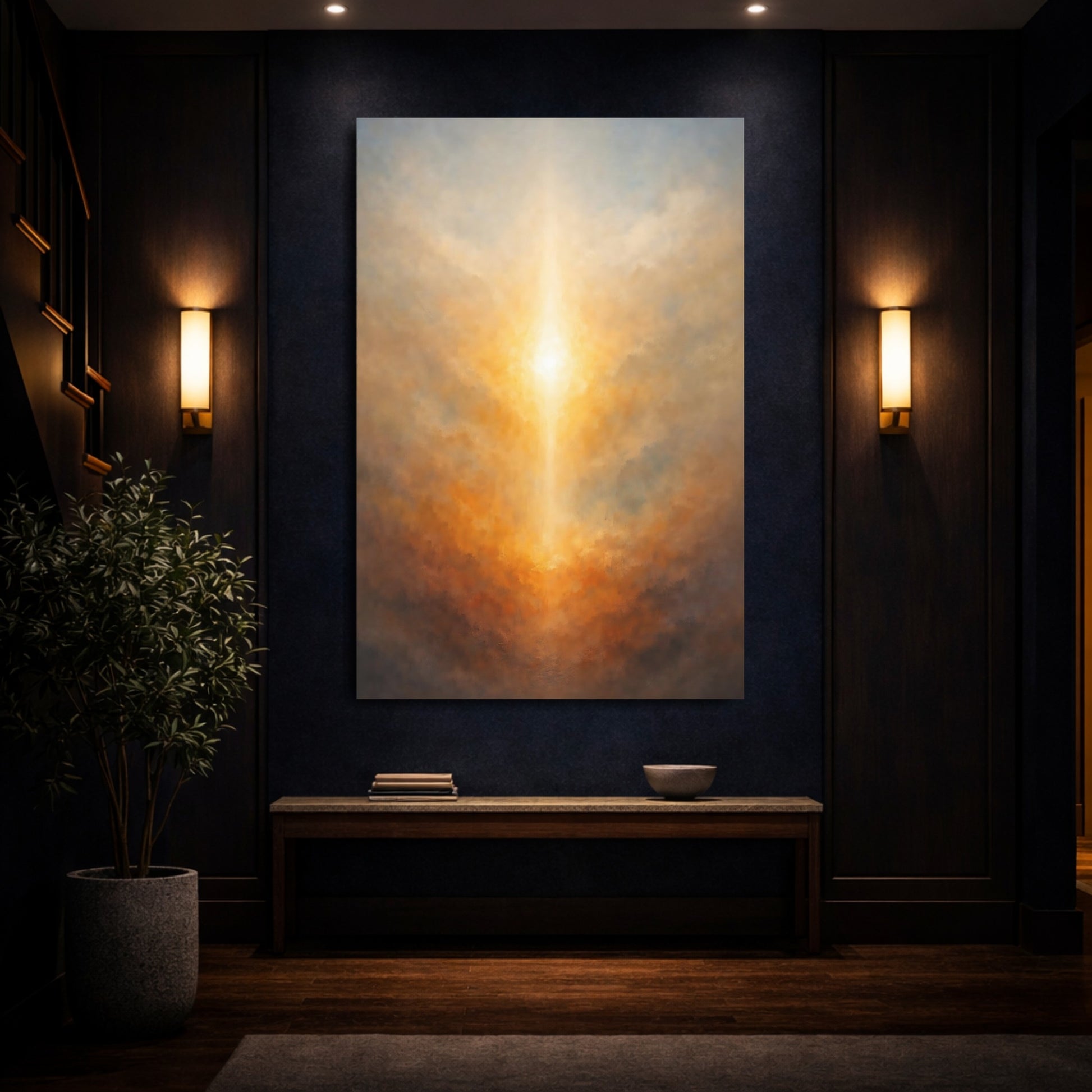 Abstract Radiant Light Golden Light Abstract shown as front canvas room wall art