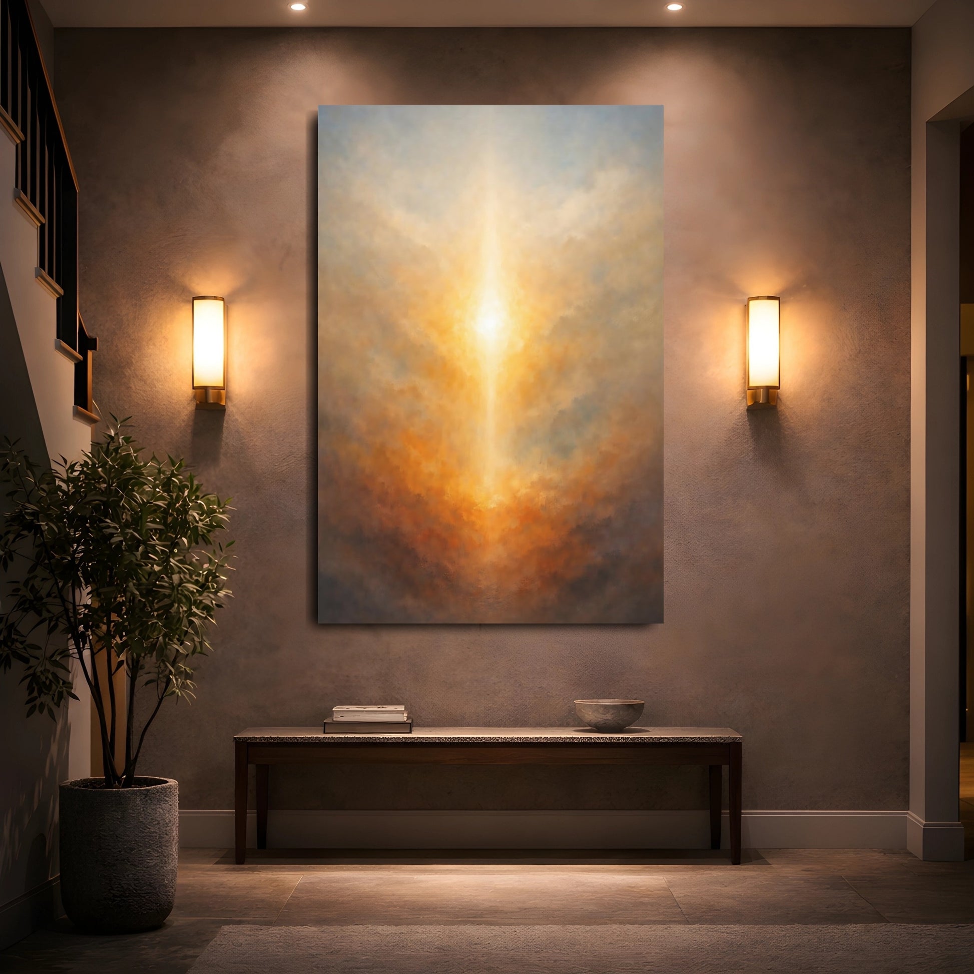 Abstract Radiant Light Golden Light Abstract shown as front canvas room wall art