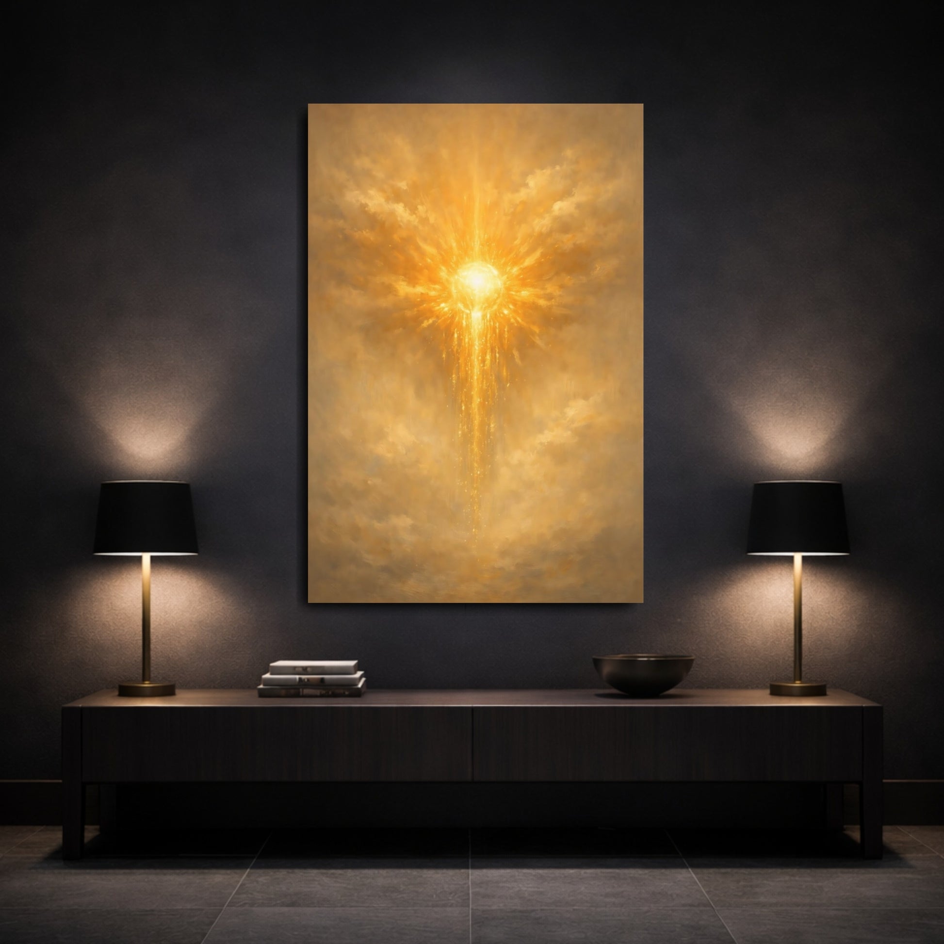 Mockup 2. Abstract Radiant Light Golden Light Art shown as stretched canvas wall art