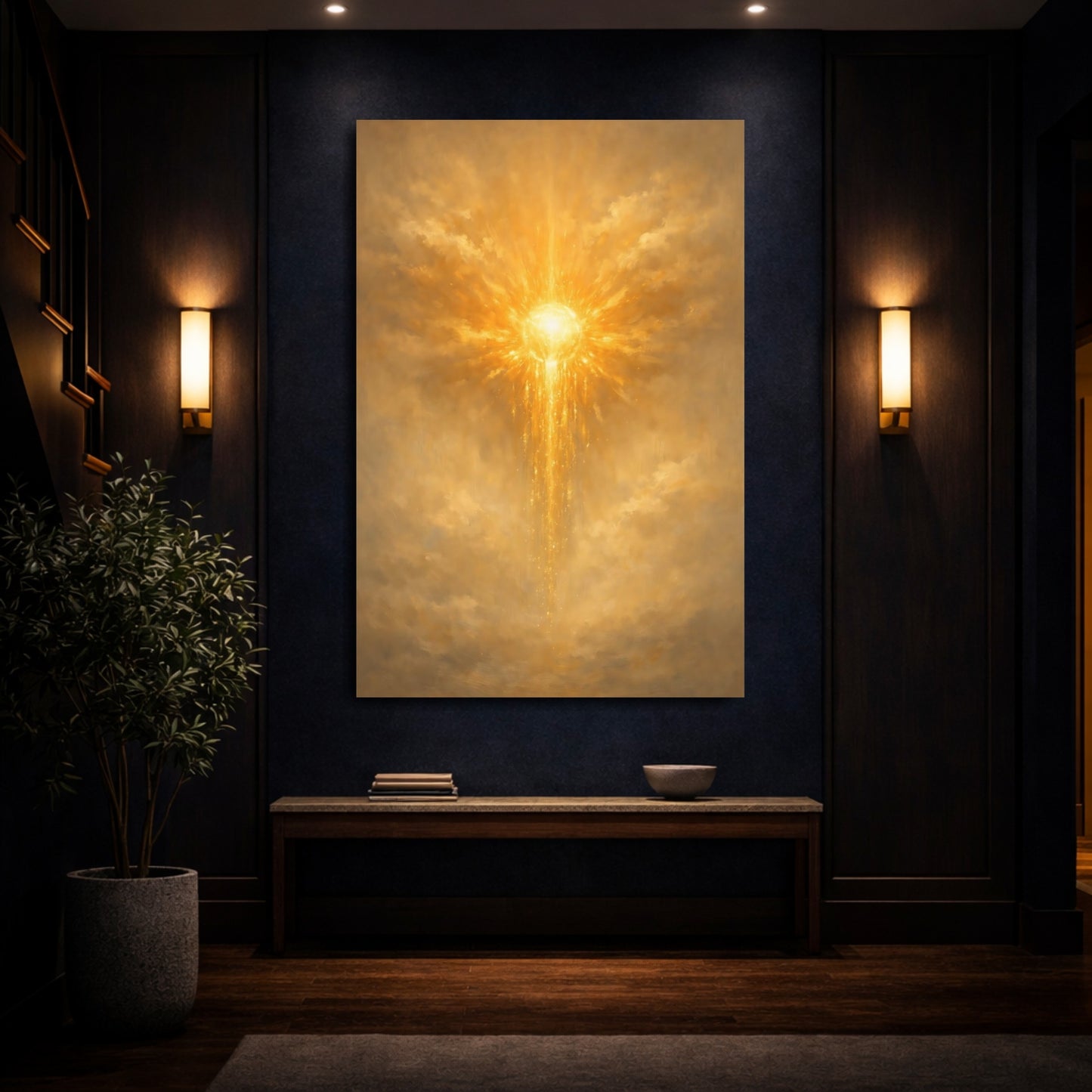 Mockup 3. Abstract Radiant Light Golden Light Art shown as stretched canvas wall art