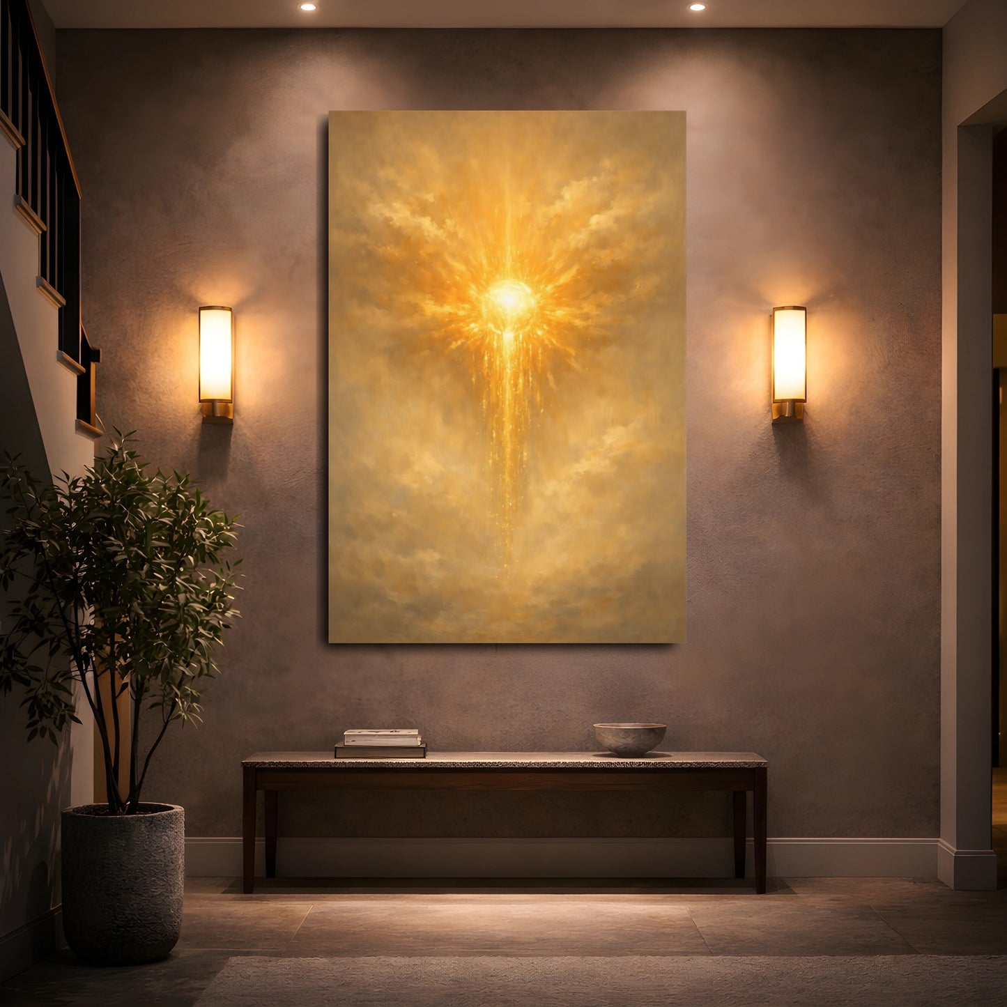 Mockup 4. Abstract Radiant Light Golden Light Art shown as stretched canvas wall art