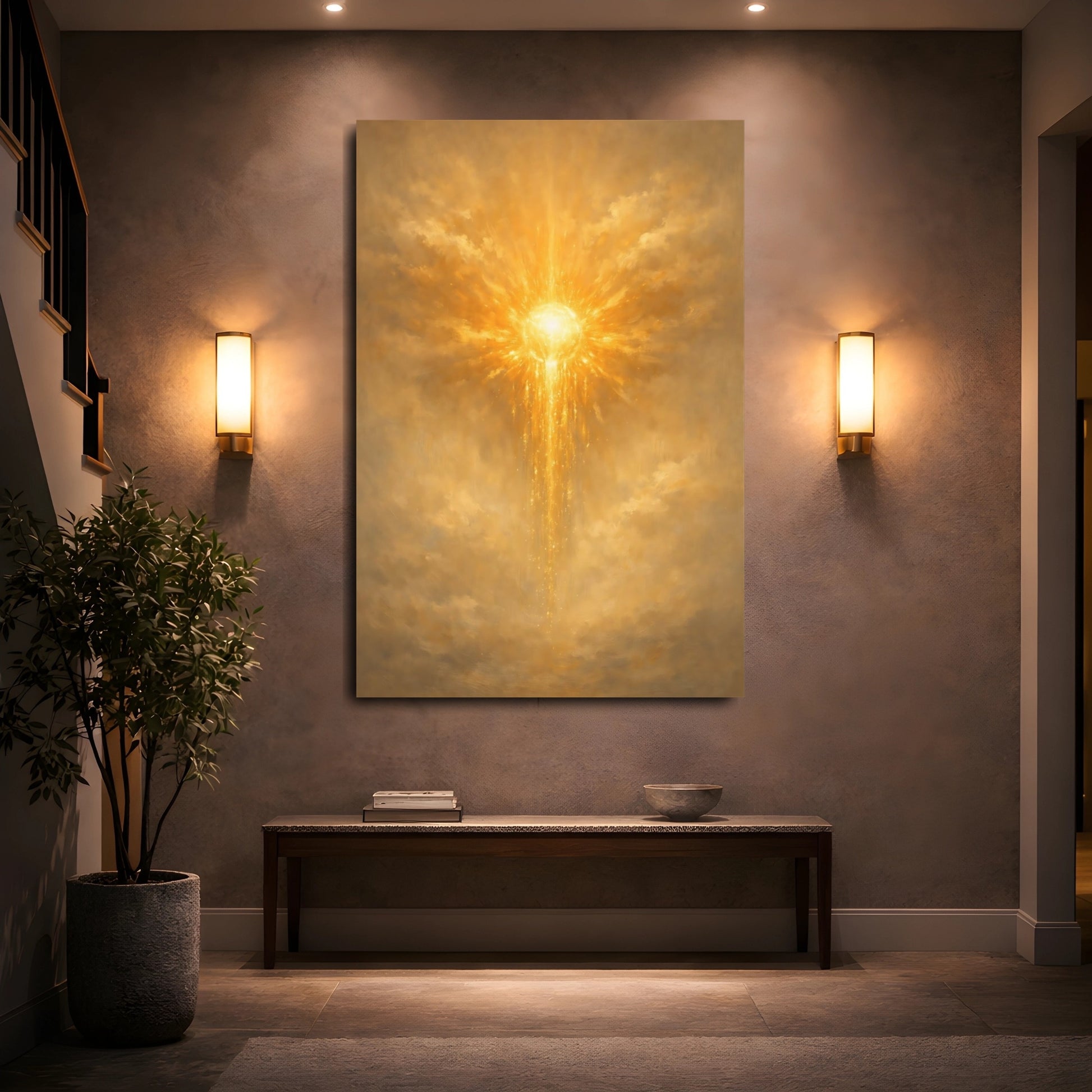 Mockup 4. Abstract Radiant Light Golden Light Art shown as stretched canvas wall art