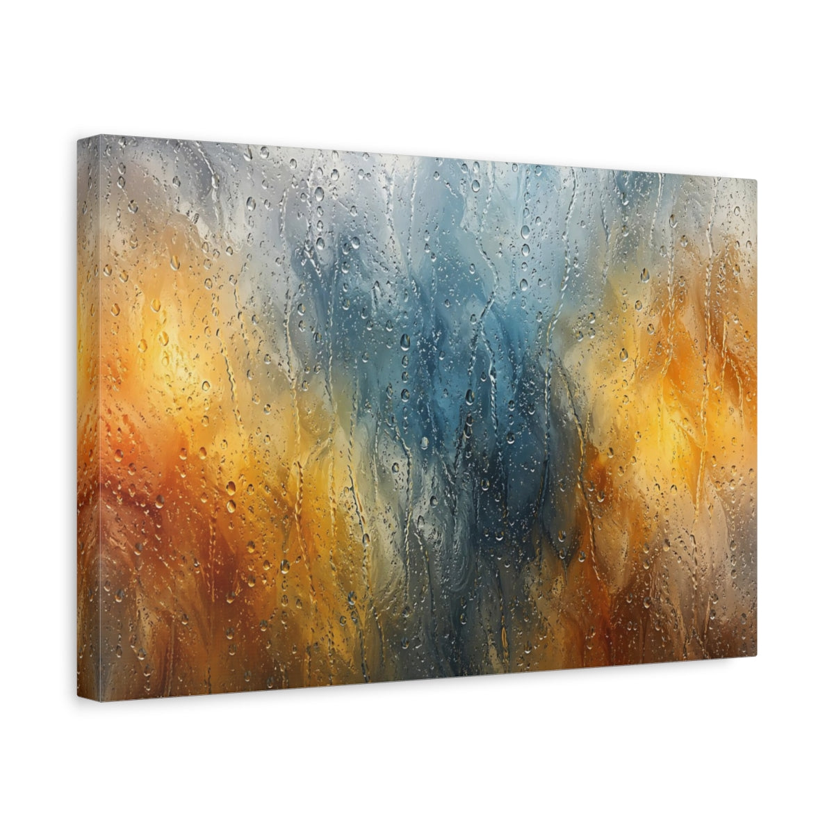 Side Mockup 4. Abstract Raindrops Blue Orange Rain shown as stretched canvas wall art