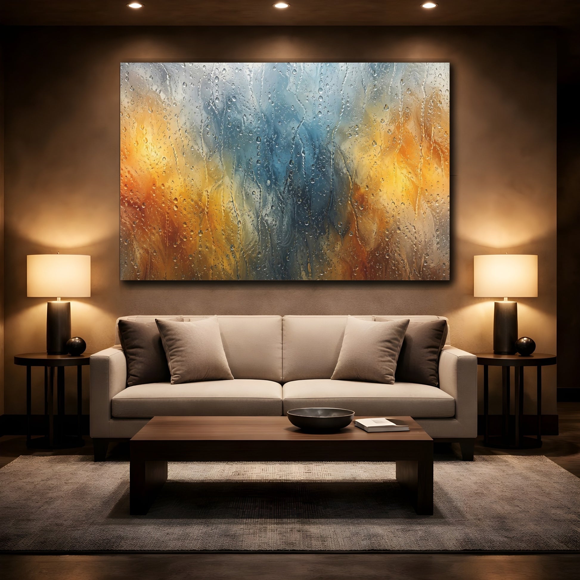 Mockup 2. Abstract Raindrops Blue Orange Rain shown as stretched canvas wall art