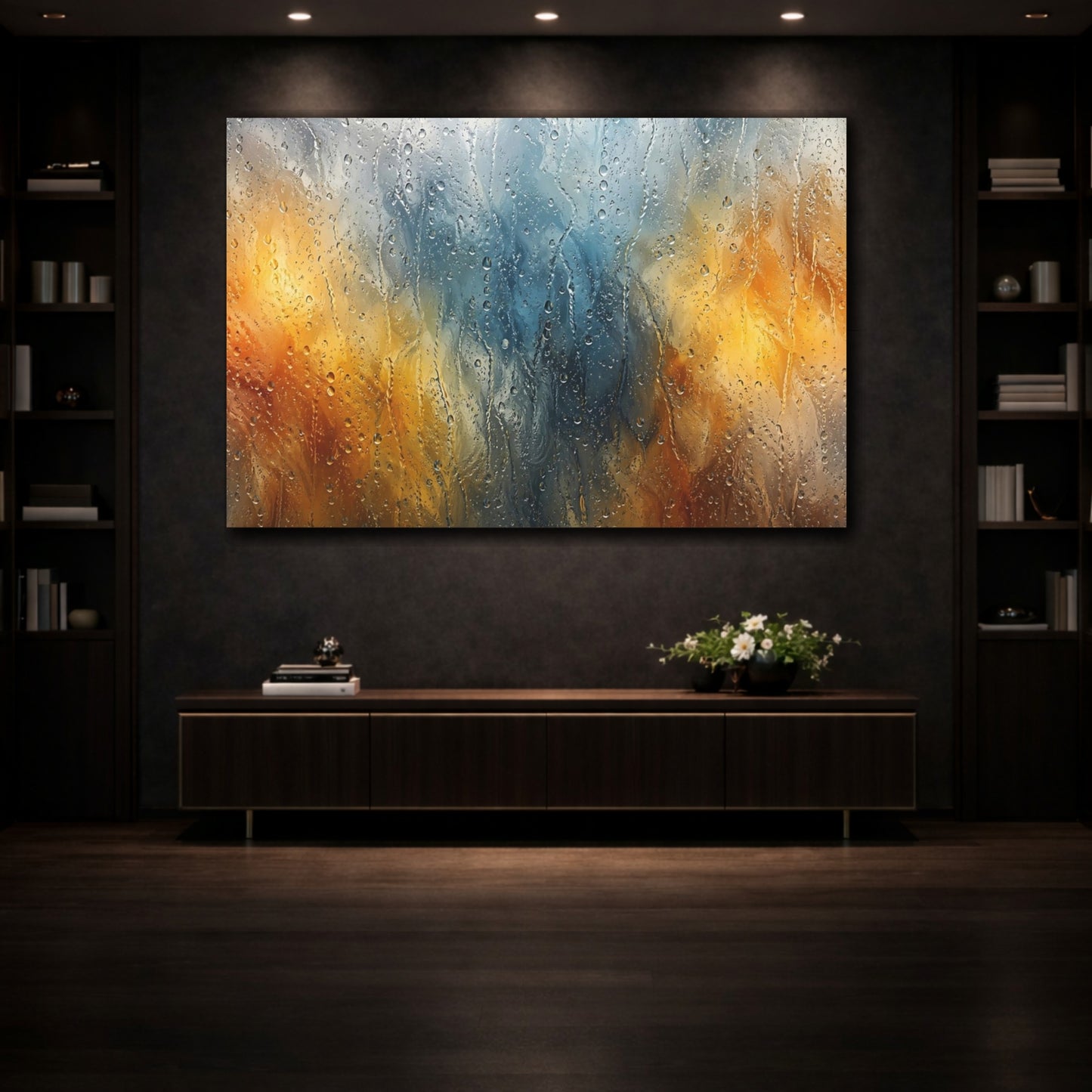 Mockup 3. Abstract Raindrops Blue Orange Rain shown as stretched canvas wall art