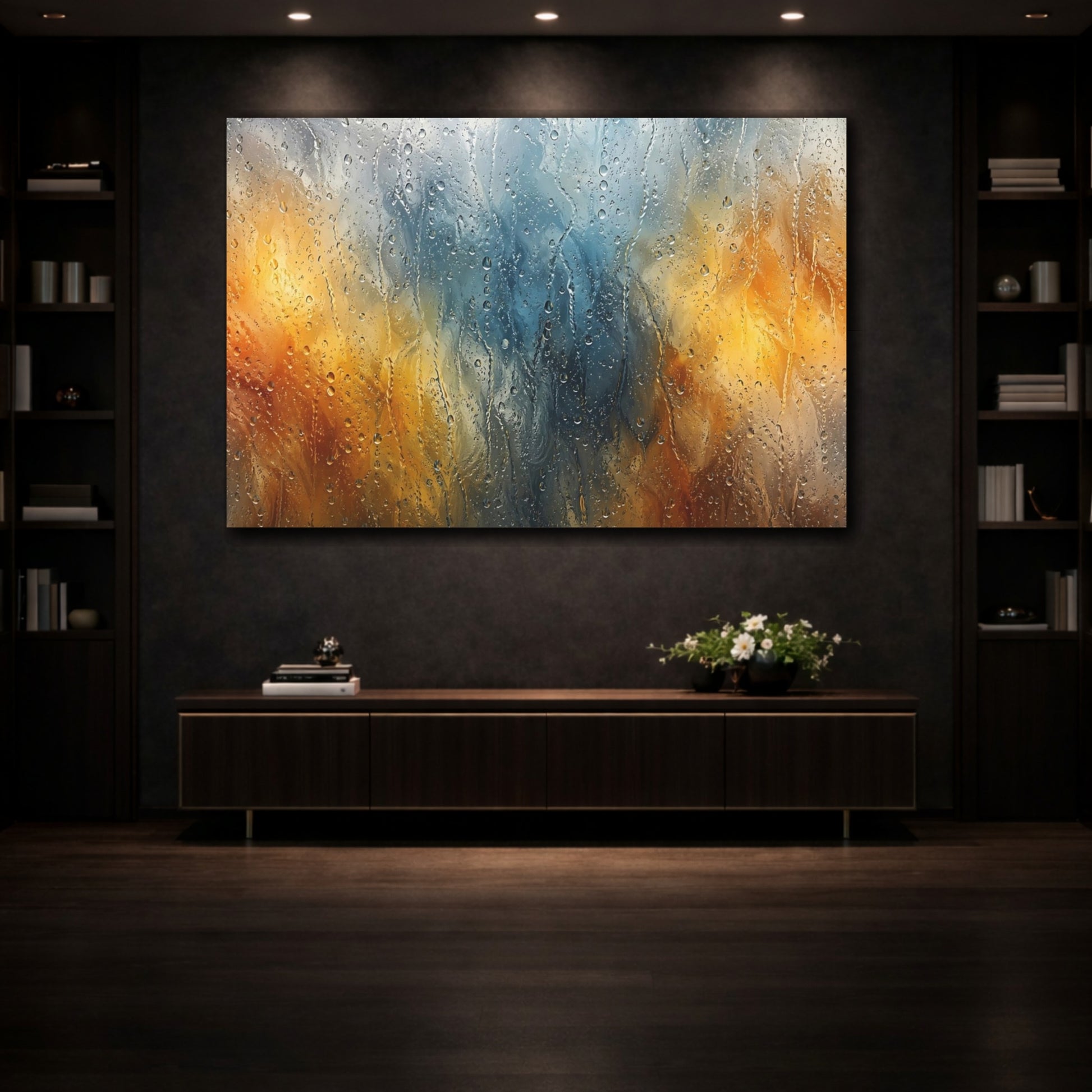 Mockup 3. Abstract Raindrops Blue Orange Rain shown as stretched canvas wall art