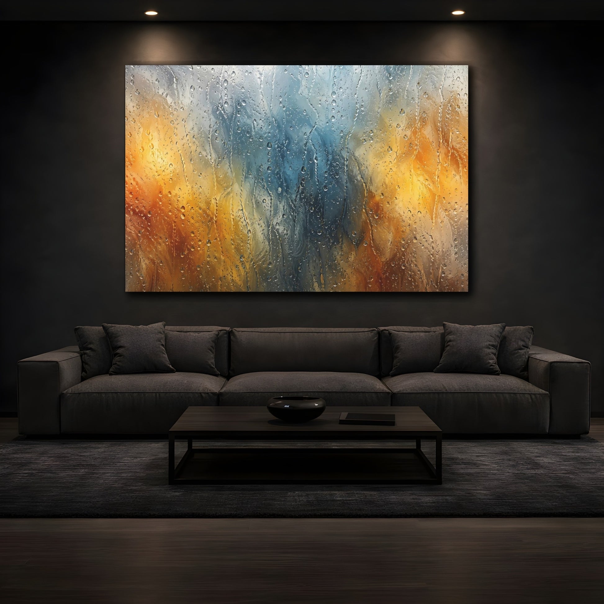 Mockup 4. Abstract Raindrops Blue Orange Rain shown as stretched canvas wall art