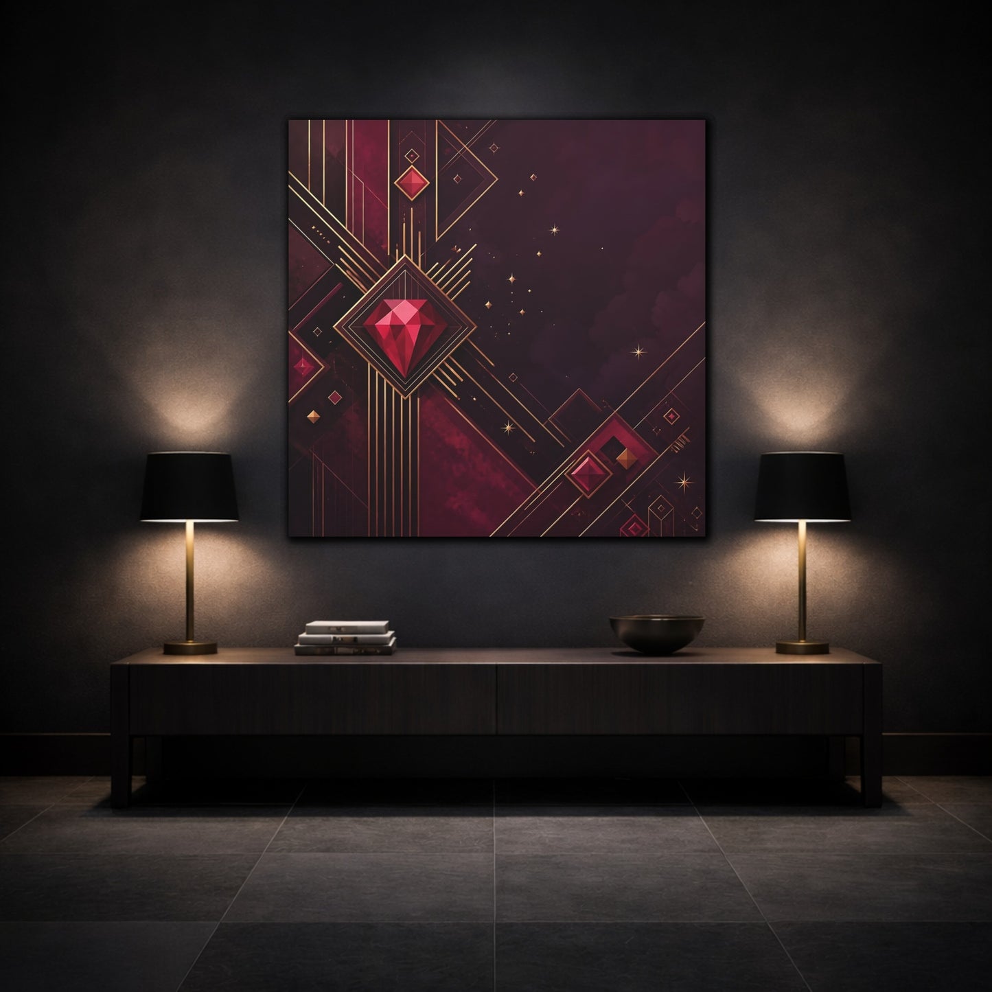 Mockup 3. Abstract Red Gems Burgundy Gold Abstract shown as canvas print