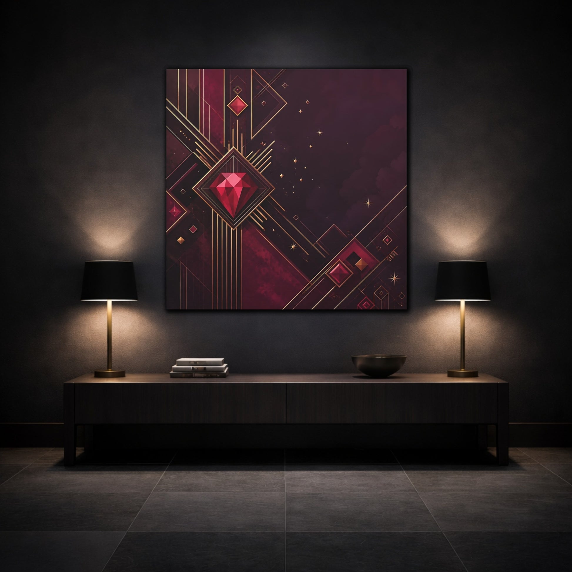 Mockup 3. Abstract Red Gems Burgundy Gold Abstract shown as canvas print