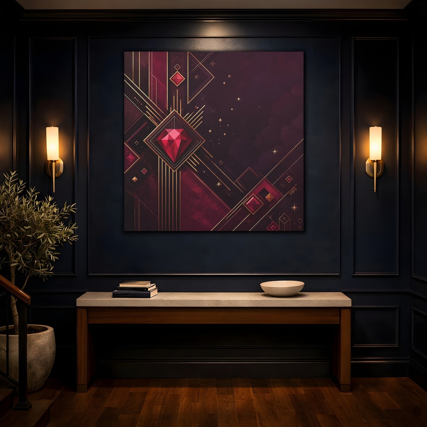 Mockup 4. Abstract Red Gems Burgundy Gold Abstract shown as canvas print