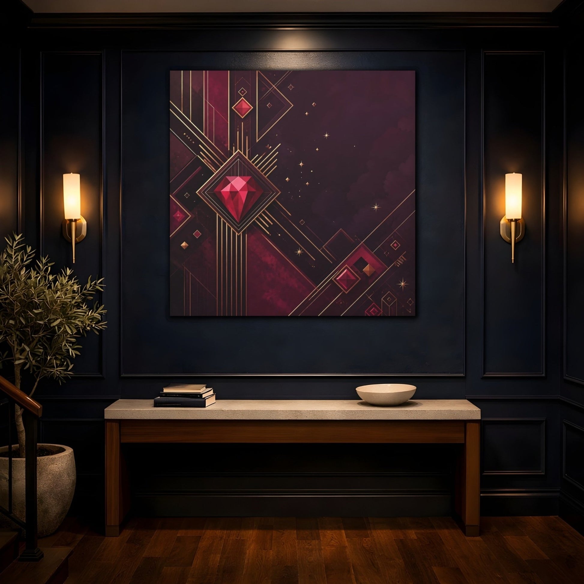 Abstract Red Gems Burgundy Gold Canvas Print – Luxury Decor for Living Room, Above Fireplace - YesArtYes
