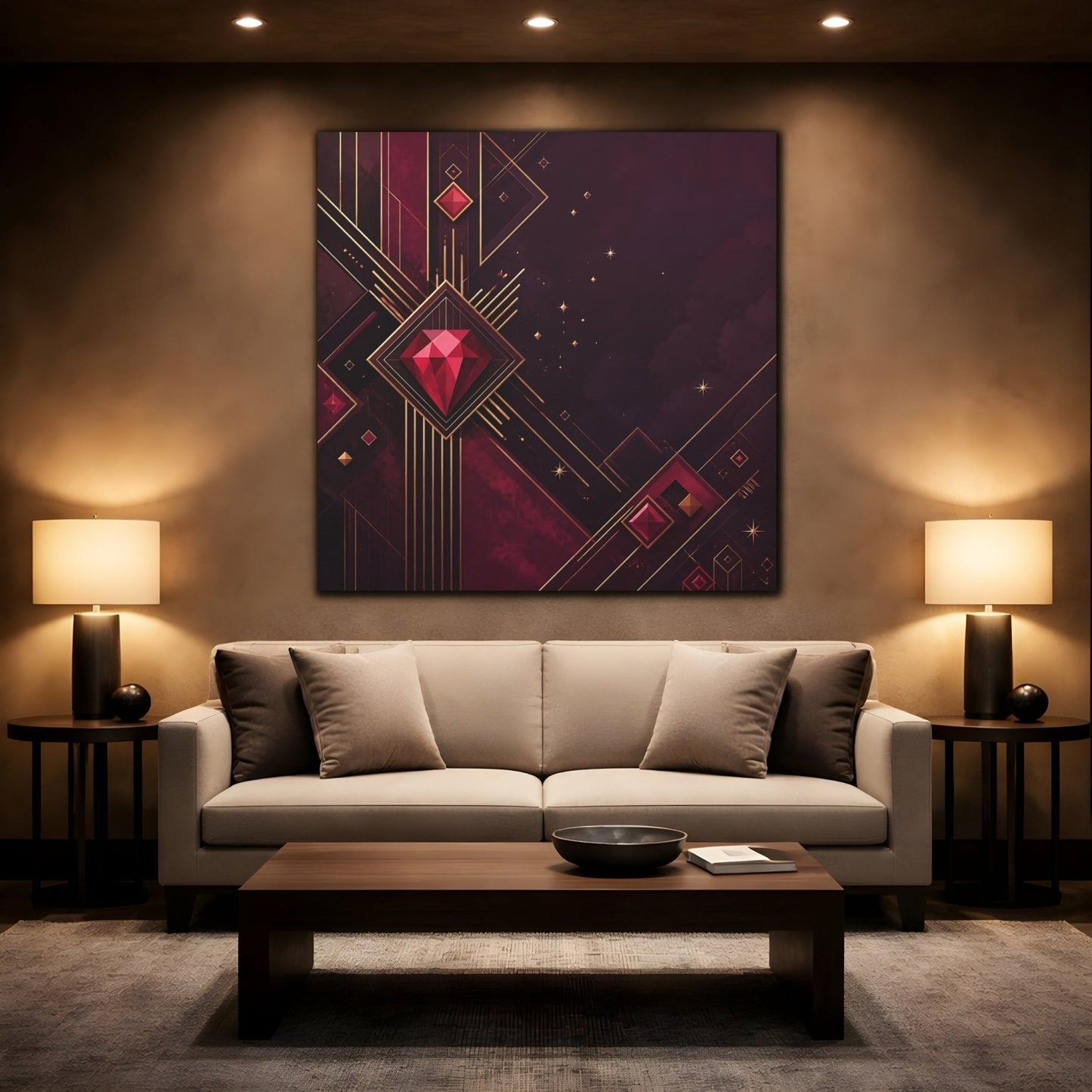Abstract Red Gems Burgundy Gold Canvas Print – Luxury Decor for Living Room, Above Fireplace - YesArtYes