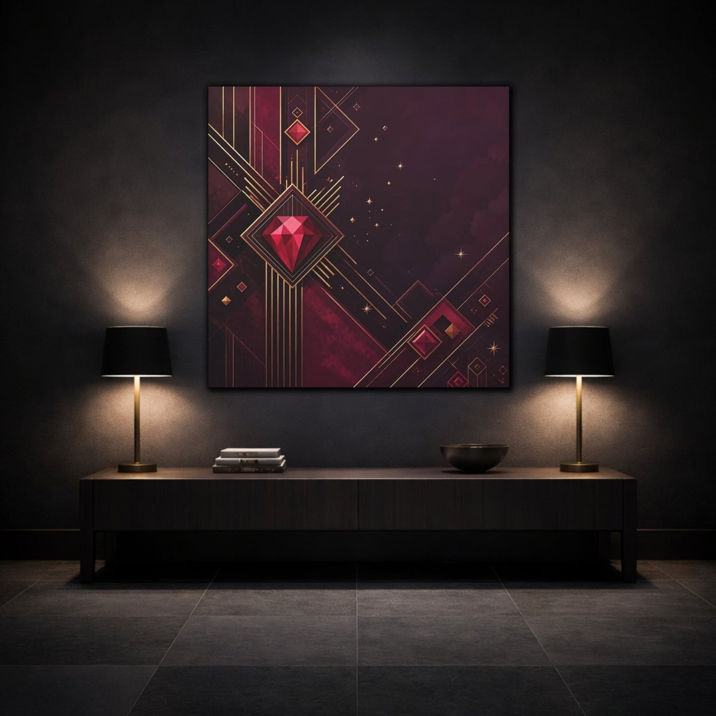 Abstract Red Gems Burgundy Gold Canvas Print – Luxury Decor for Living Room, Above Fireplace - YesArtYes