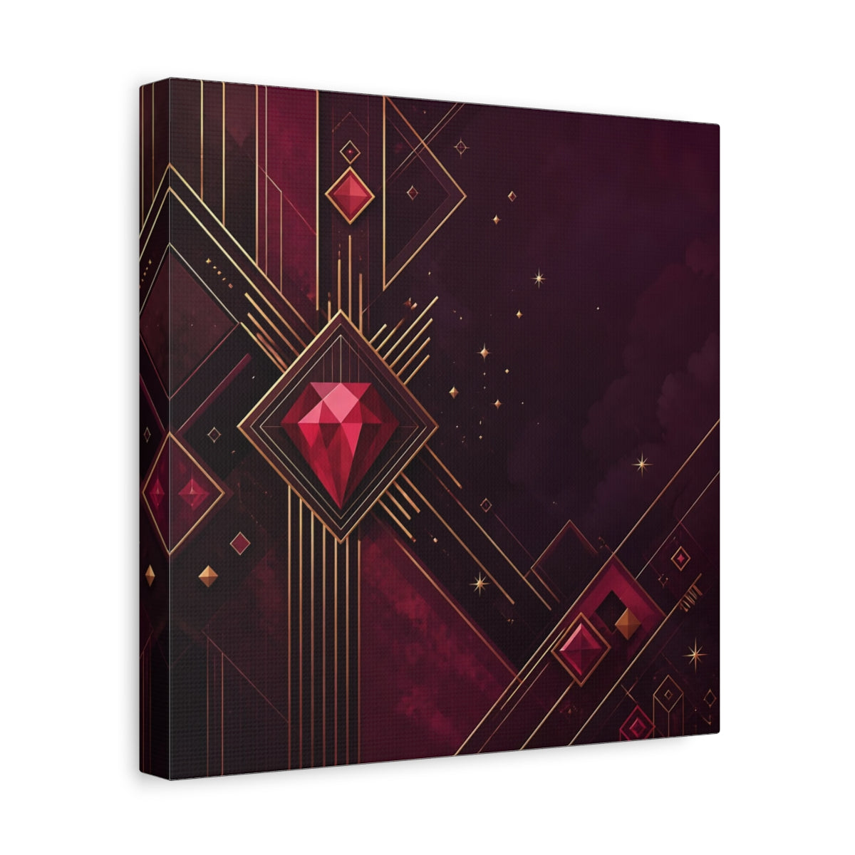 Side Mockup 8. Abstract Red Gems Burgundy Gold Abstract shown as canvas print