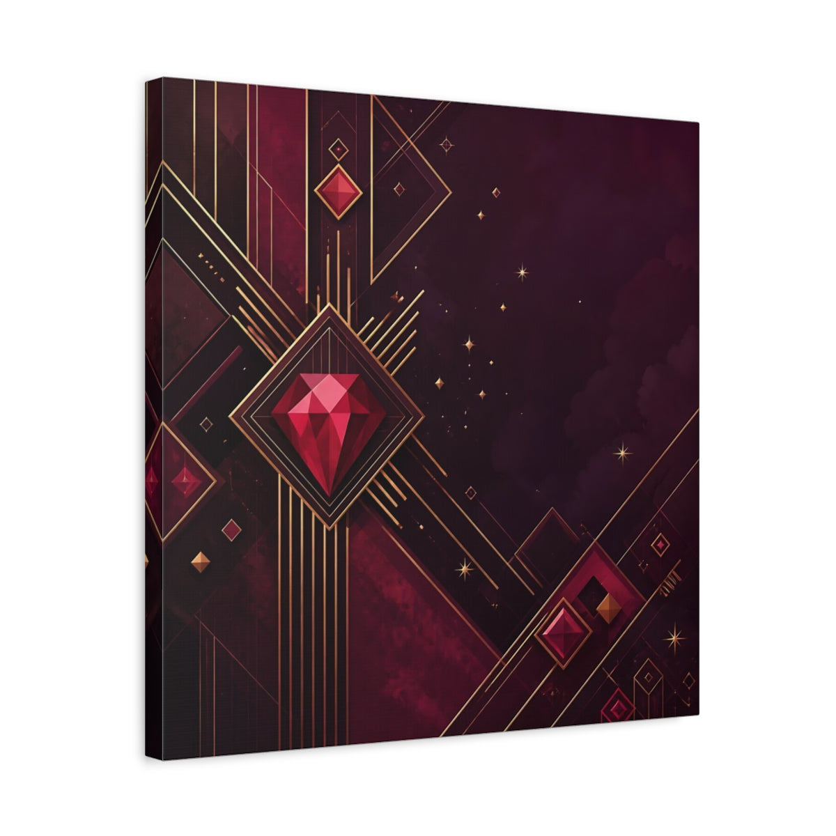 Side Mockup 5. Abstract Red Gems Burgundy Gold Abstract shown as canvas print
