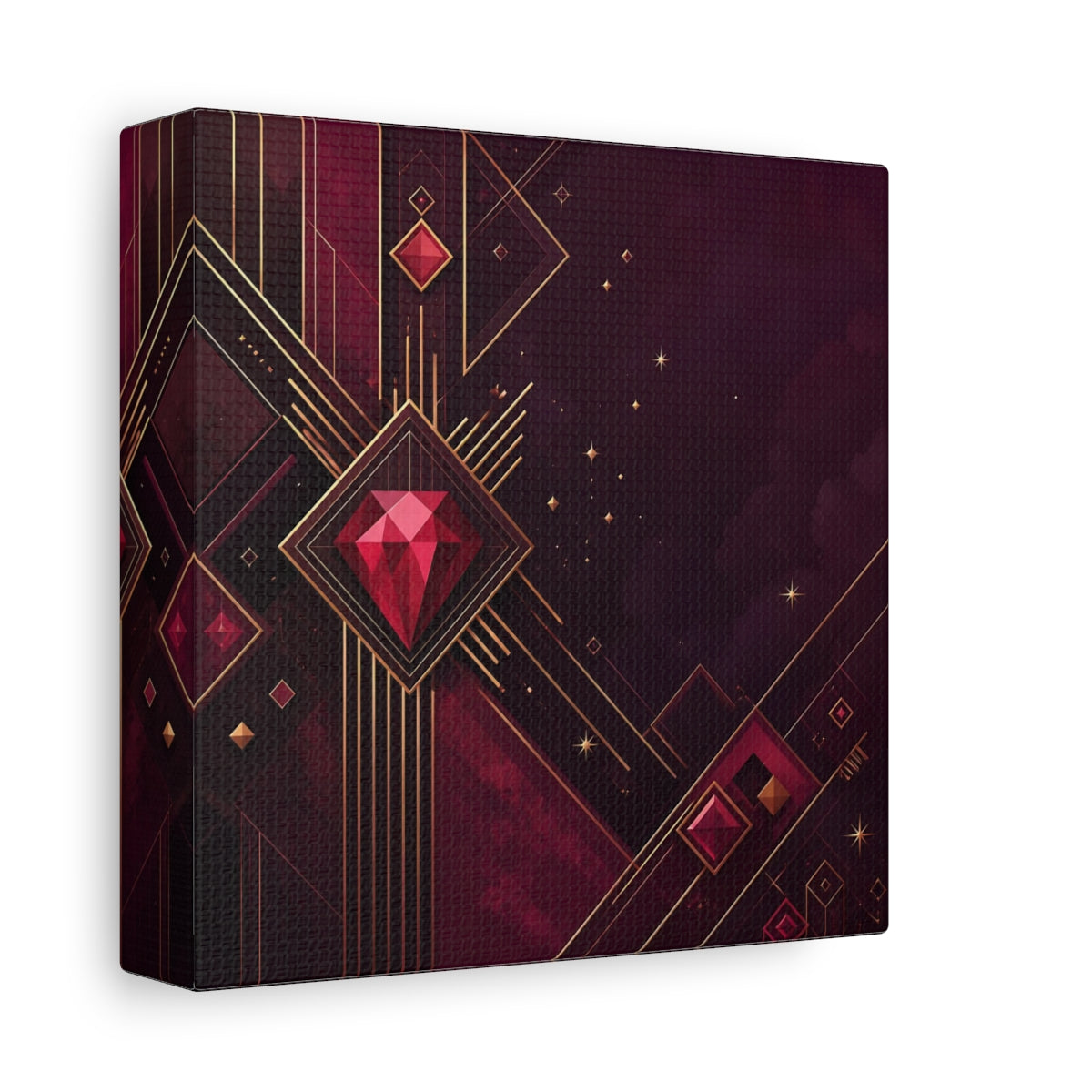 Side Mockup 2. Abstract Red Gems Burgundy Gold Abstract shown as canvas print