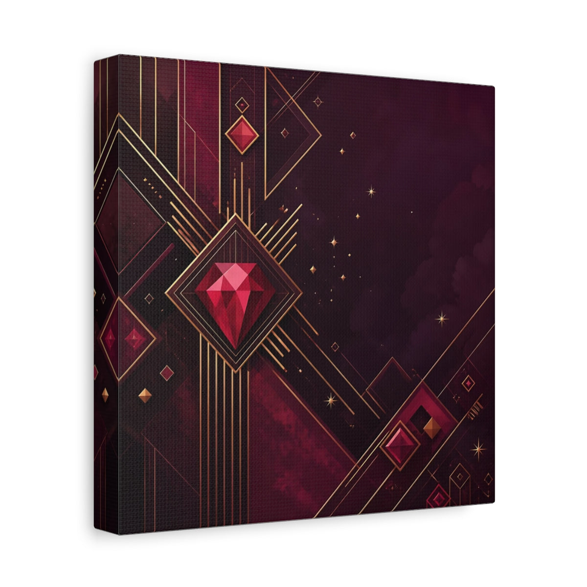 Side Mockup 9. Abstract Red Gems Burgundy Gold Abstract shown as canvas print