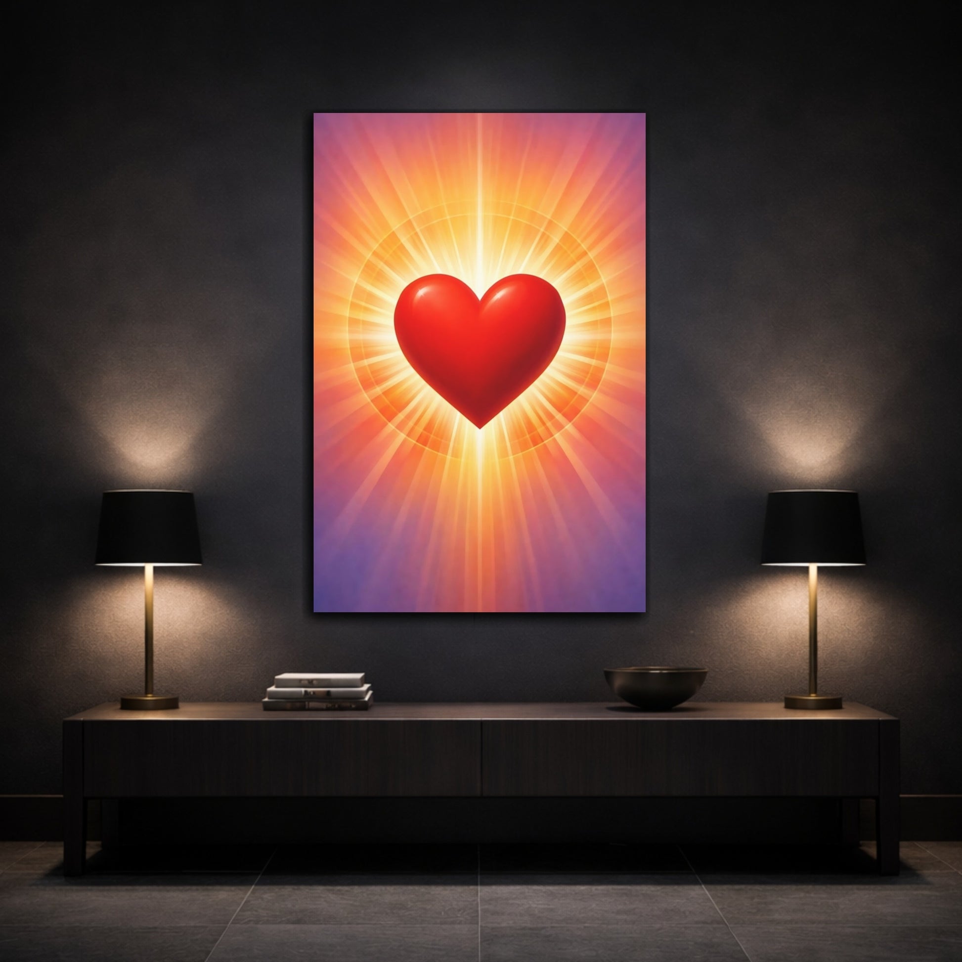 Mockup 2. Abstract Red Heart Radiant Heart Art shown as stretched canvas wall art