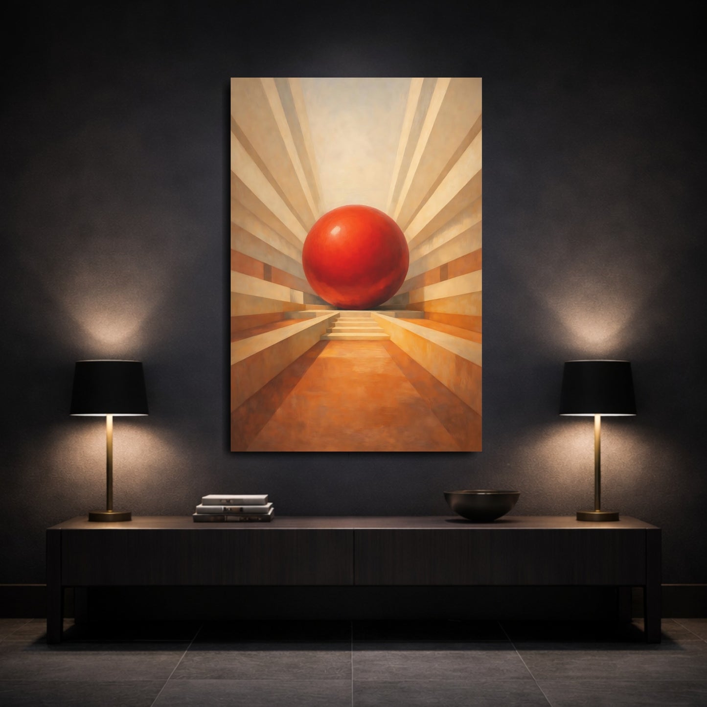 Mockup 2. Abstract Red Sphere Red Sphere Abstract shown as stretched canvas wall art