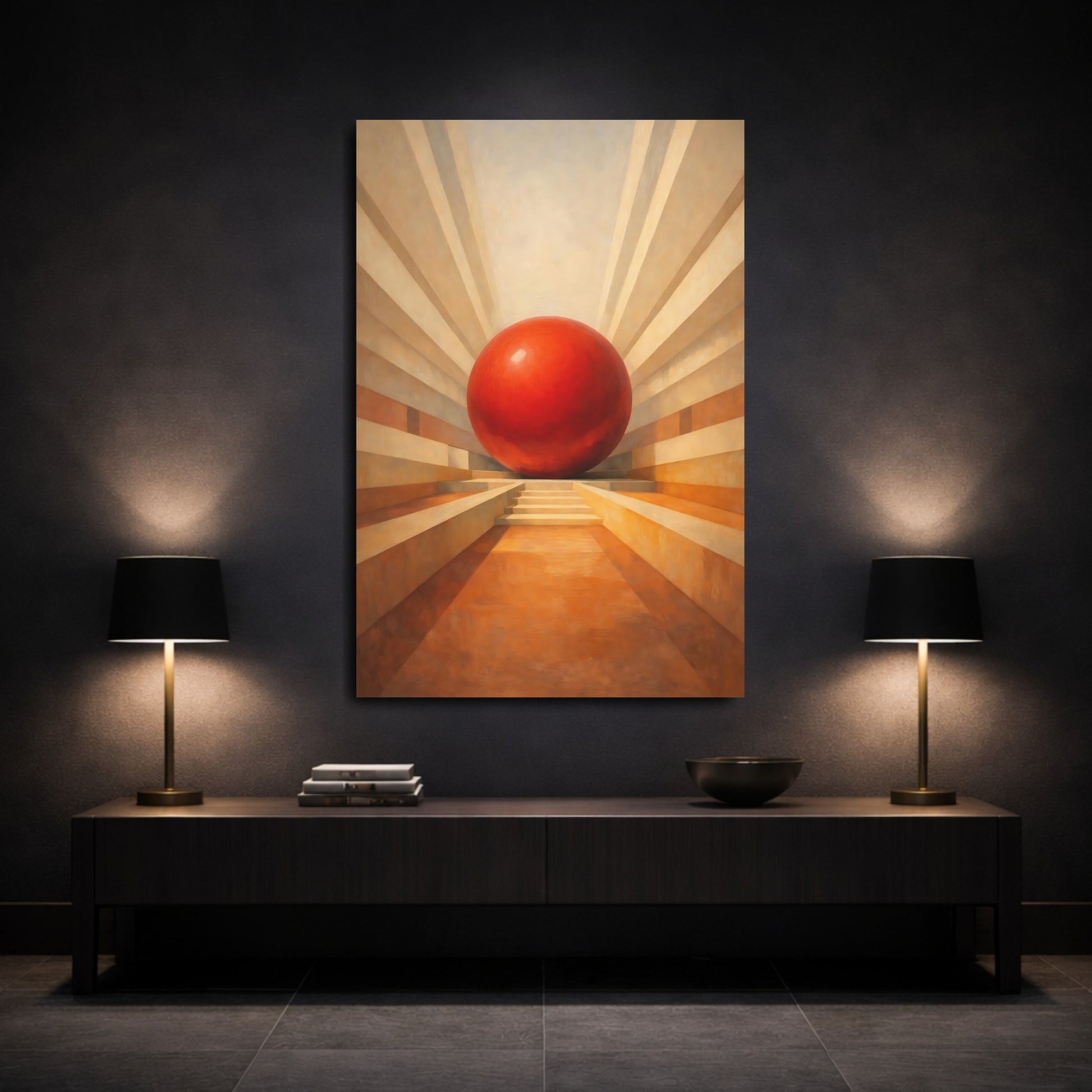 Mockup 2. Abstract Red Sphere Red Sphere Abstract shown as stretched canvas wall art