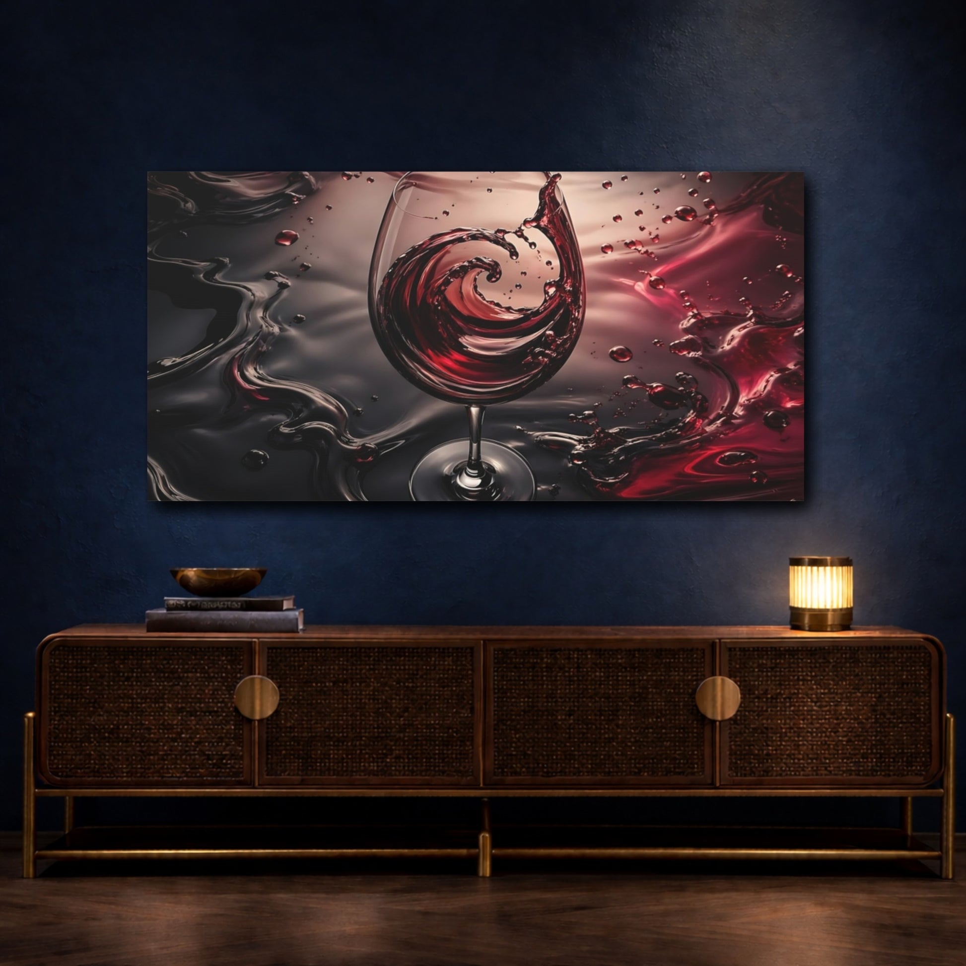 Mockup 3. Abstract Red Wine Red And Black shown as stretched canvas wall art