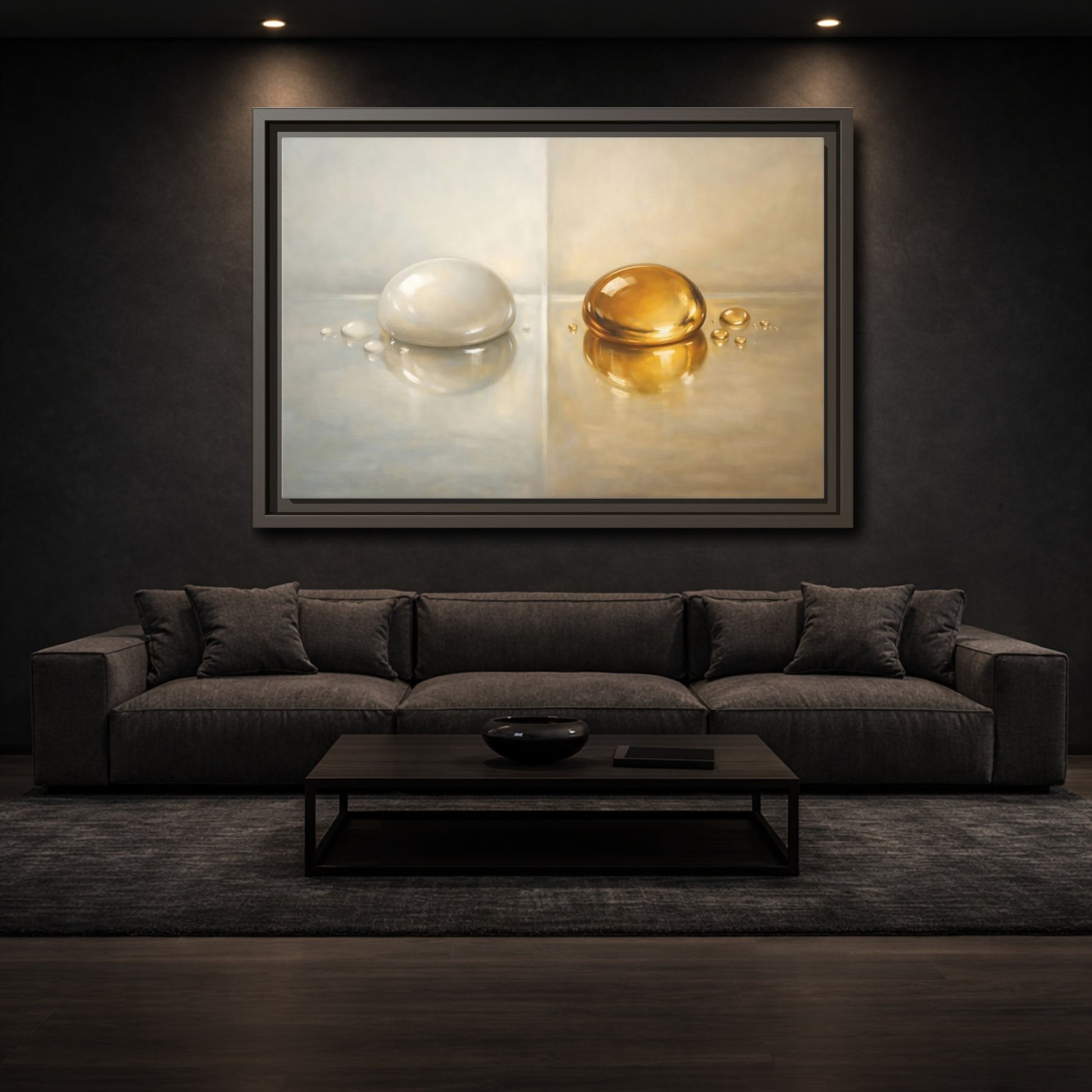 Mockup 2. Abstract Reflective Domes Gold Silver Abstract shown as stretched canvas wall art