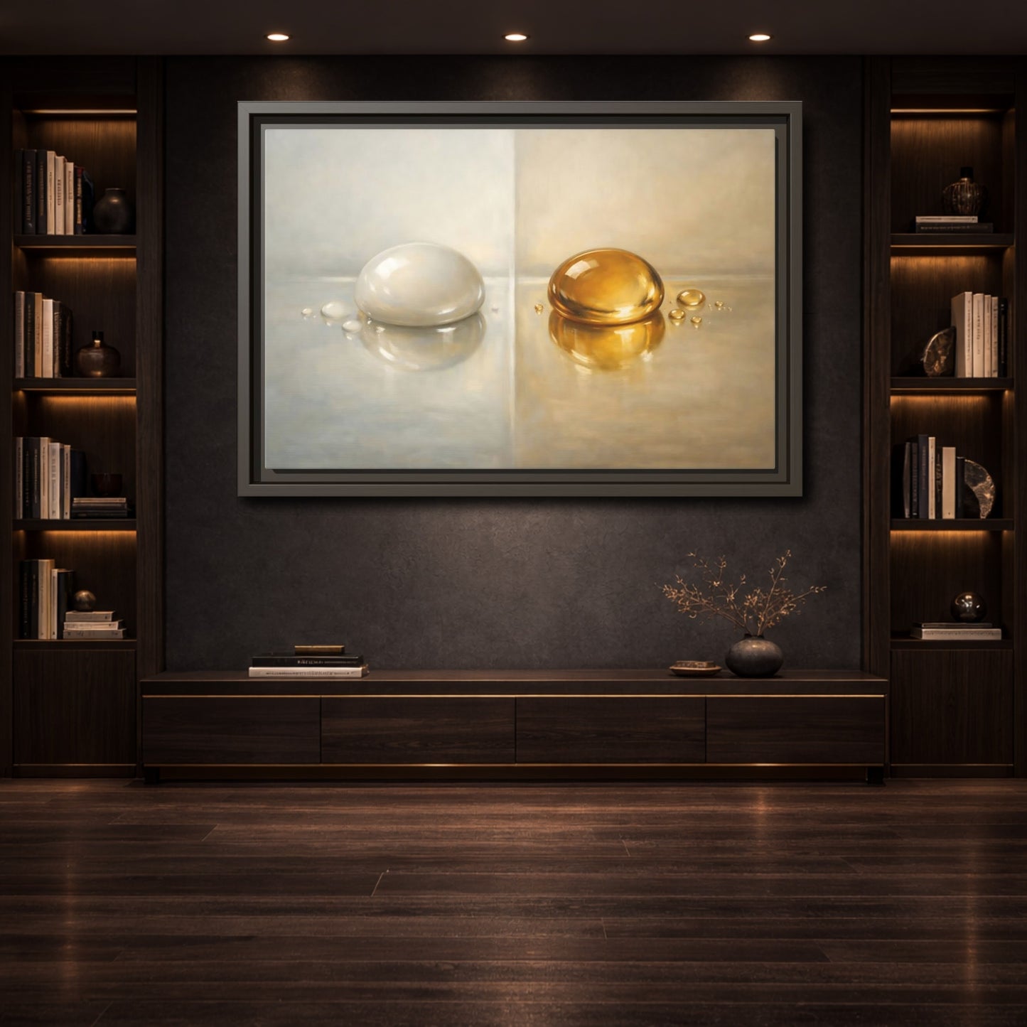 Mockup 3. Abstract Reflective Domes Gold Silver Abstract shown as stretched canvas wall art