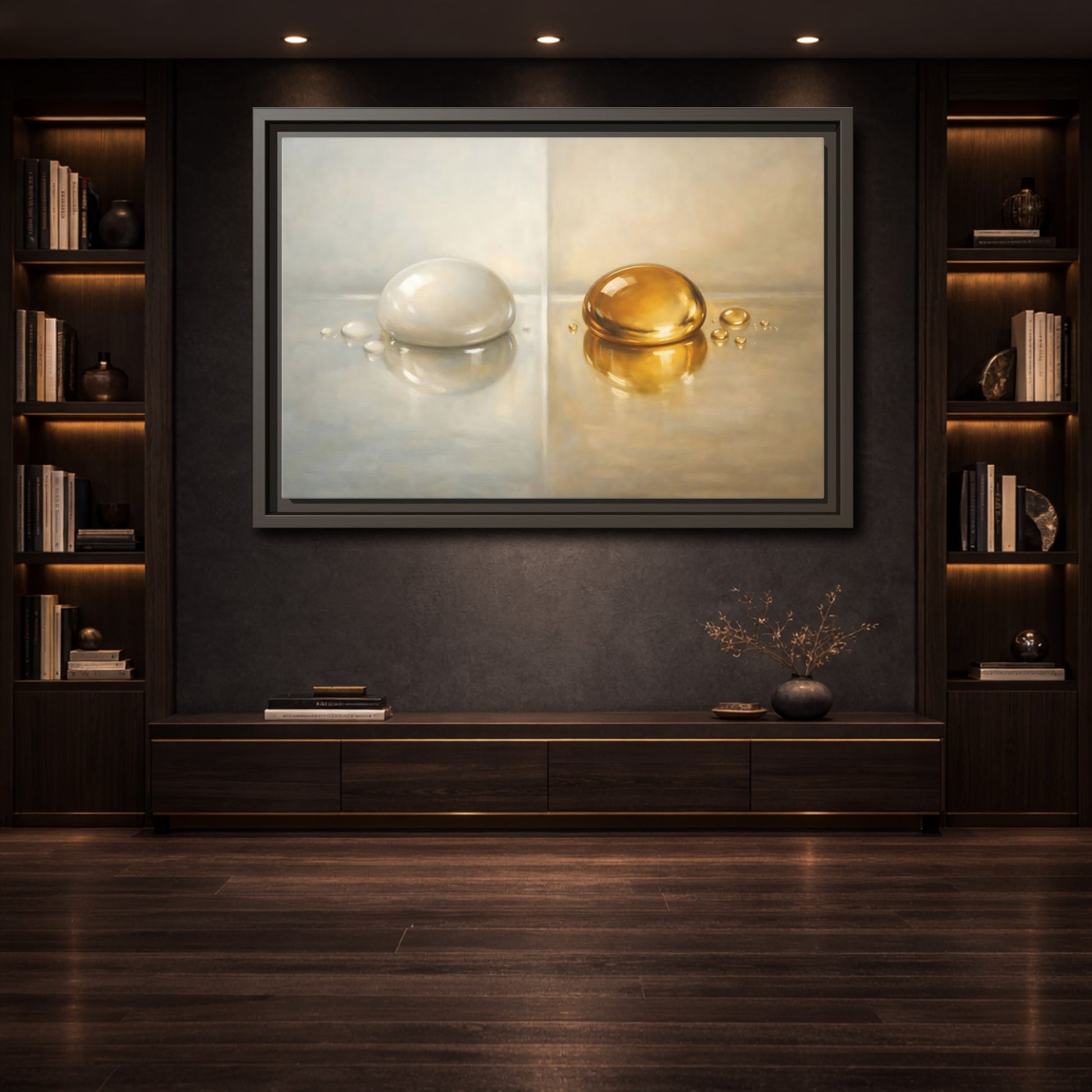 Mockup 3. Abstract Reflective Domes Gold Silver Abstract shown as stretched canvas wall art